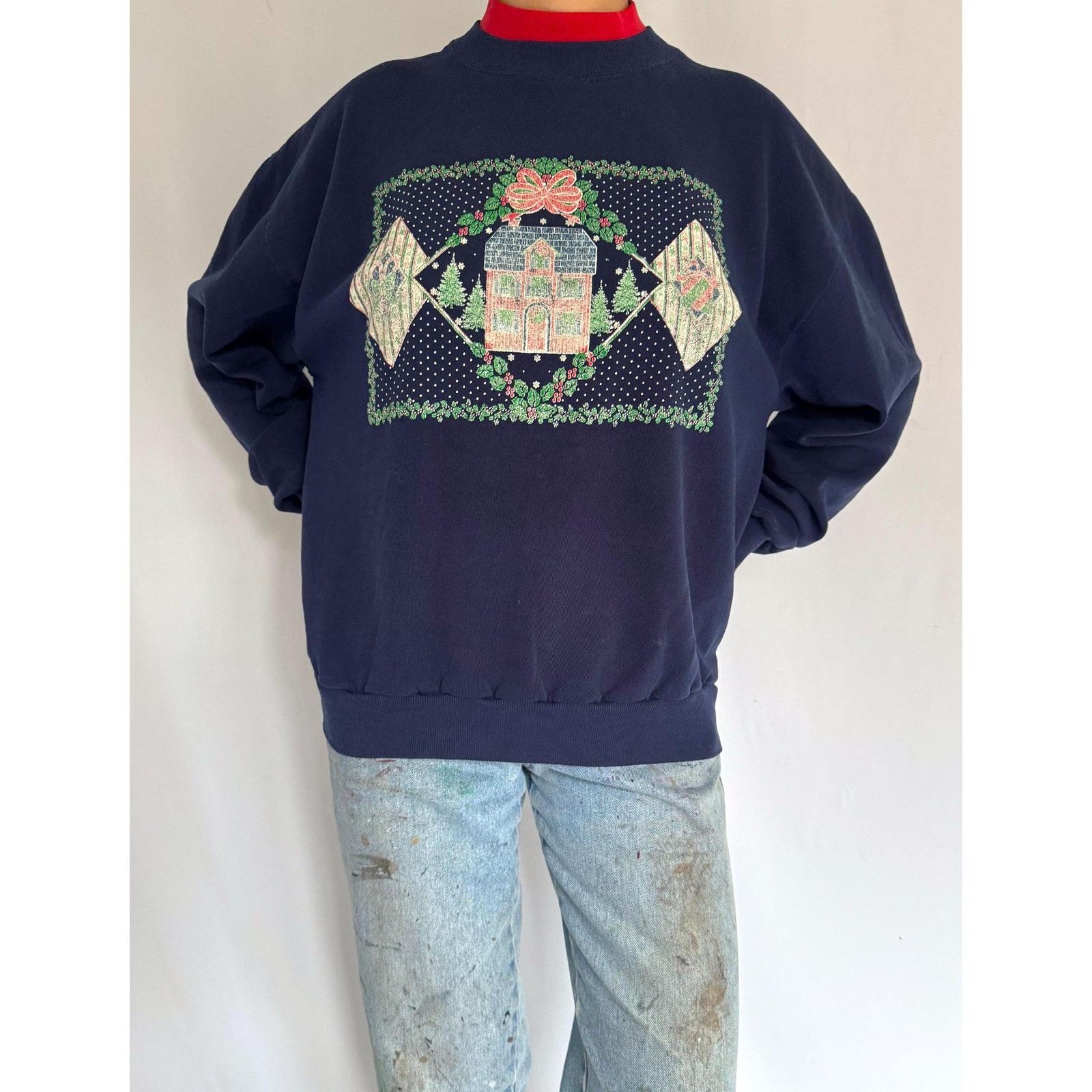 Jerzees 90s vintage blue winter holiday graphic pullover sweatshirt Size L / US 10 / IT 46 - 3 Thumbnail