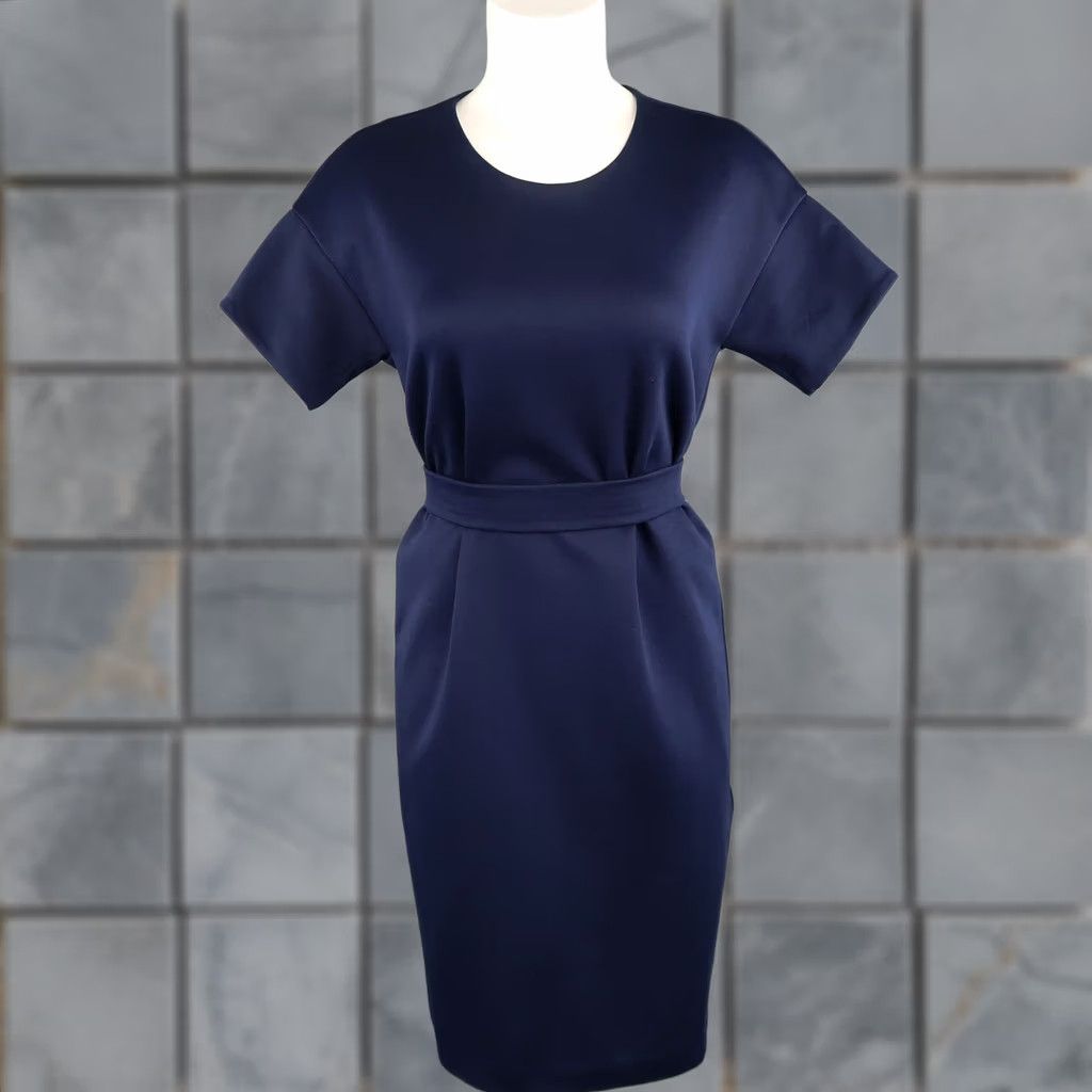 Jil Sander JIL SANDER Size M Navy Cotton Polyester Jersey Short Sleeve Belted Shift Dress Size M / US 6-8 / IT 42-44 - 1 Thumbnail