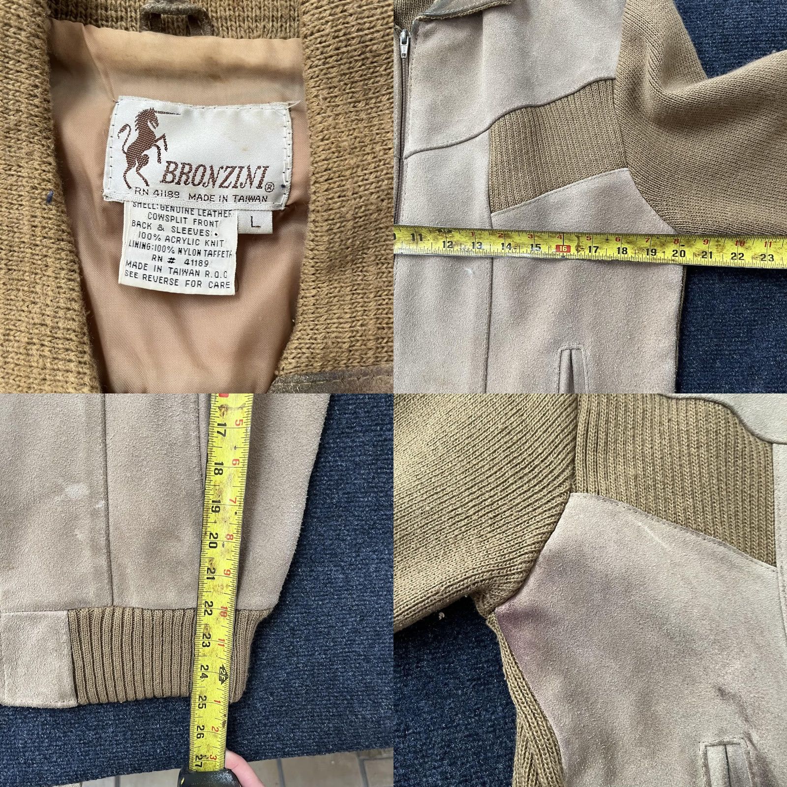 Vintage VINTAGE Bronzini Leather Knit Jacket Mens Large Tan Suede Zip Bomber 80s 90s Size US L / EU 52-54 / 3 - 8 Thumbnail