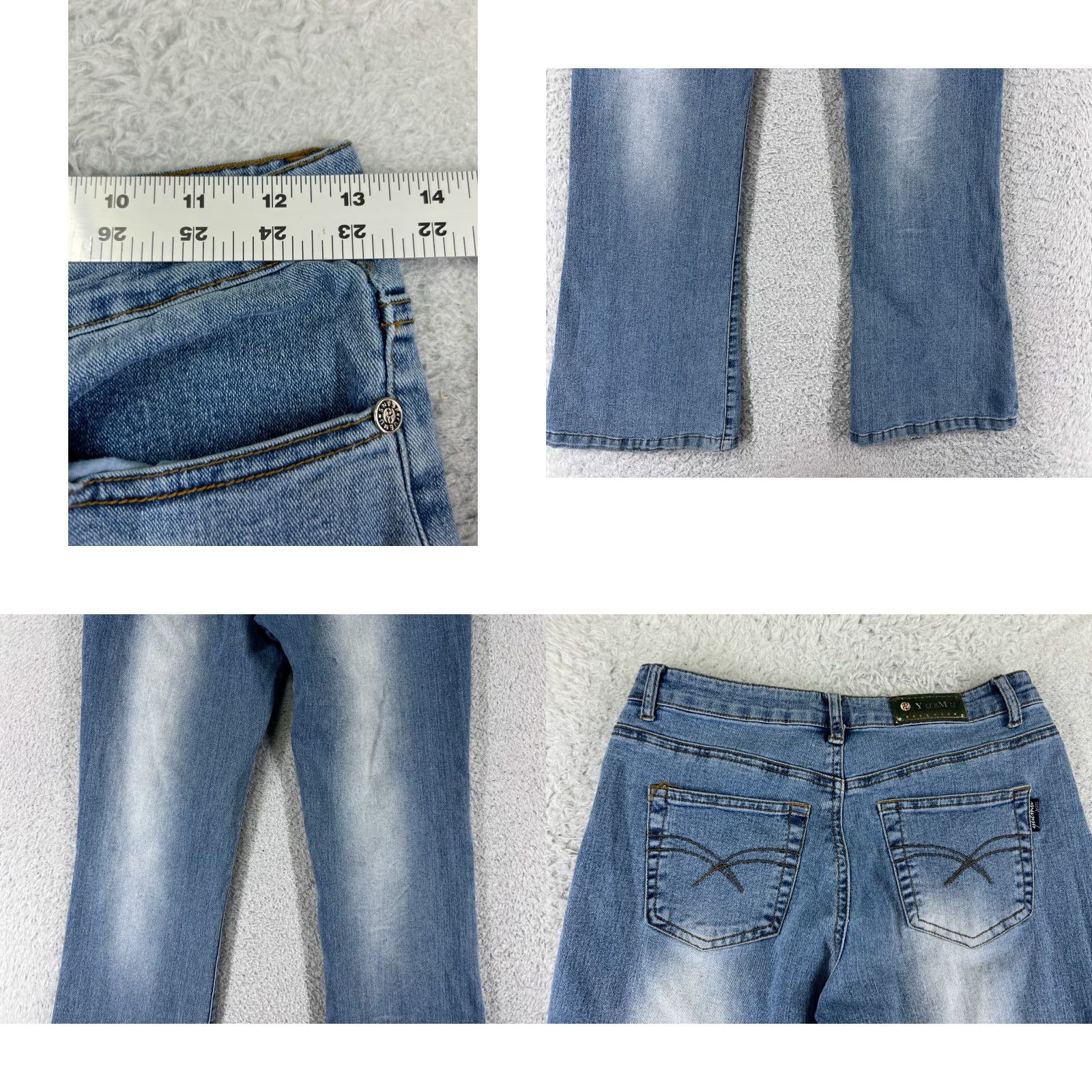 Vintage YueMu Jeans Womens 24 Blue Flared Distressed Low Rise Cotton Med Wash 24x29 Size 42" / US 20 - 9 Thumbnail