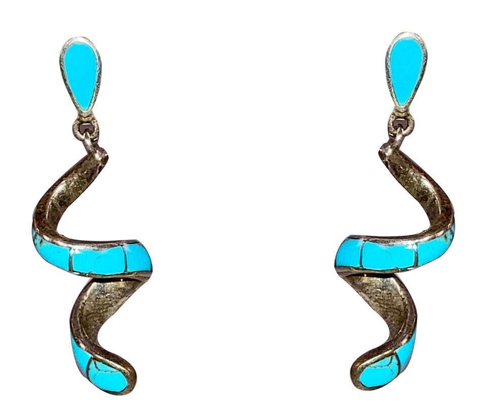 Designer Mexican Sterling Turquoise Spiral Drop Dangle Earrings Size ONE SIZE - 1 Thumbnail