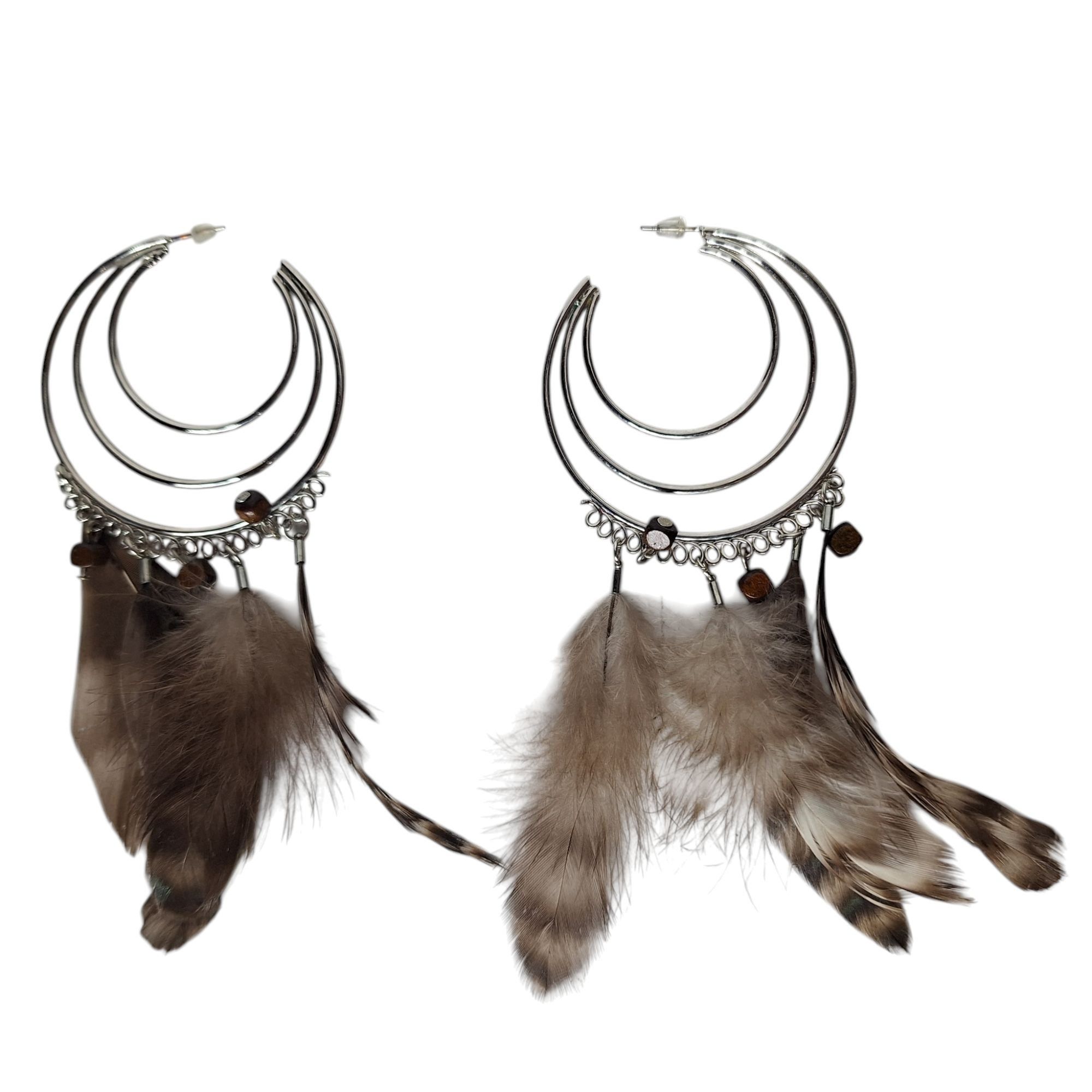 Other Silver Tone Triple Hoop Feather Dangle Earrings Whimsigoth B Size ONE SIZE - 1 Thumbnail