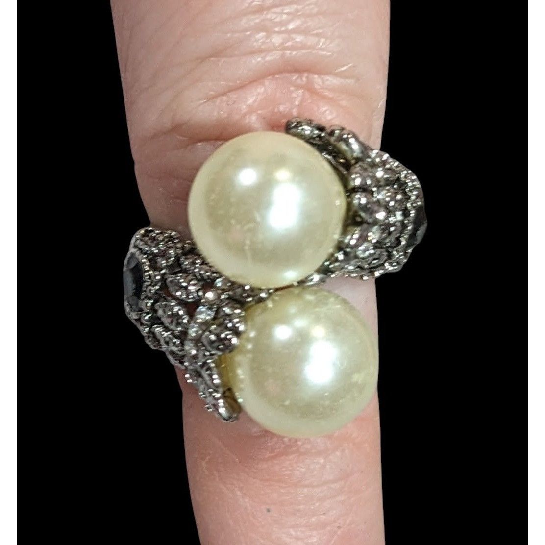 Other Vintage Glam Faux Pearl Cocktail Ring With Black Rhinestone Size ONE SIZE - 2 Thumbnail
