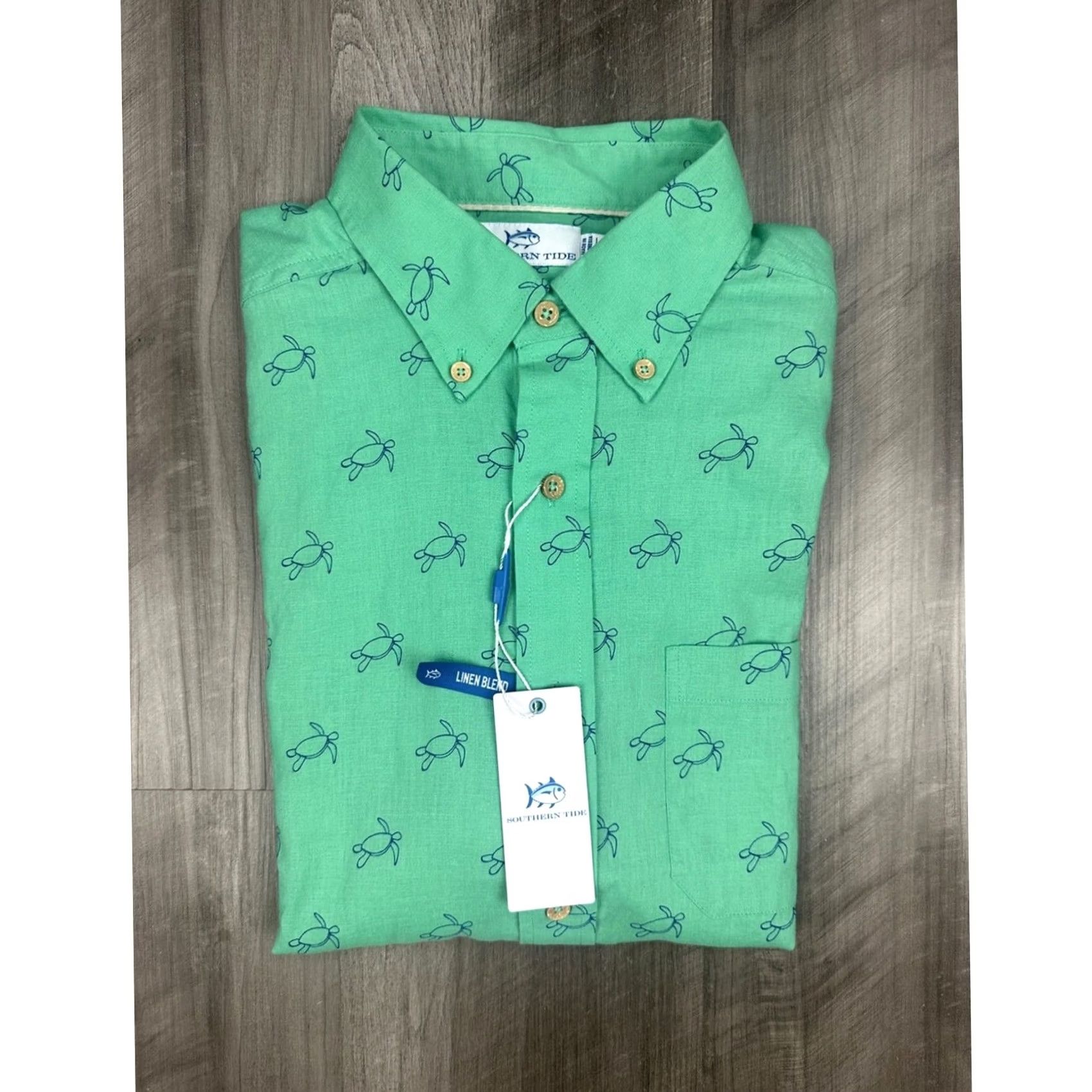 Southern Tide Southern Tide Linen Blend Turtle Cove Short Sleeve Sport Button Down - M Jade Green Men Shirts Mens Size US 31 - 2 Thumbnail