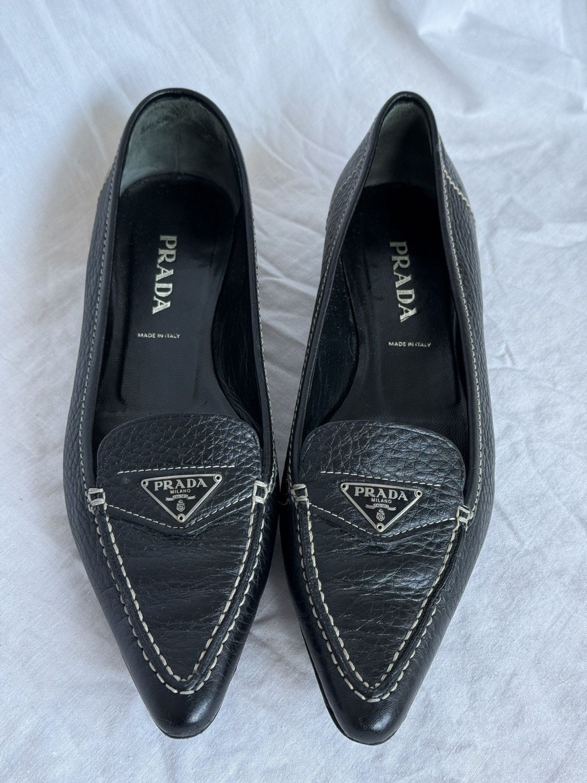 Prada Prada Vintage Black Leather Metal Logo Pointed Toe Flats Size US 7.5 / IT 37.5 - 3 Thumbnail