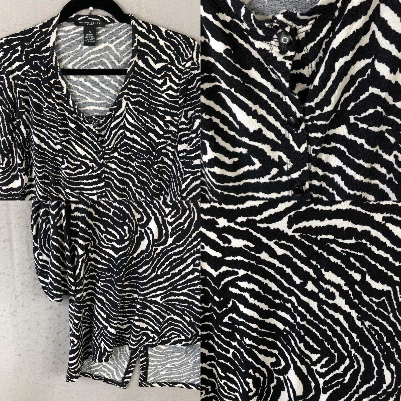 Vintage Jillian Jones Blouse Tunic Womens 2X Black White Zebra Print V-Neck Stretch Top Size XXL / US 16-18 / IT 52-54 - 9 Thumbnail