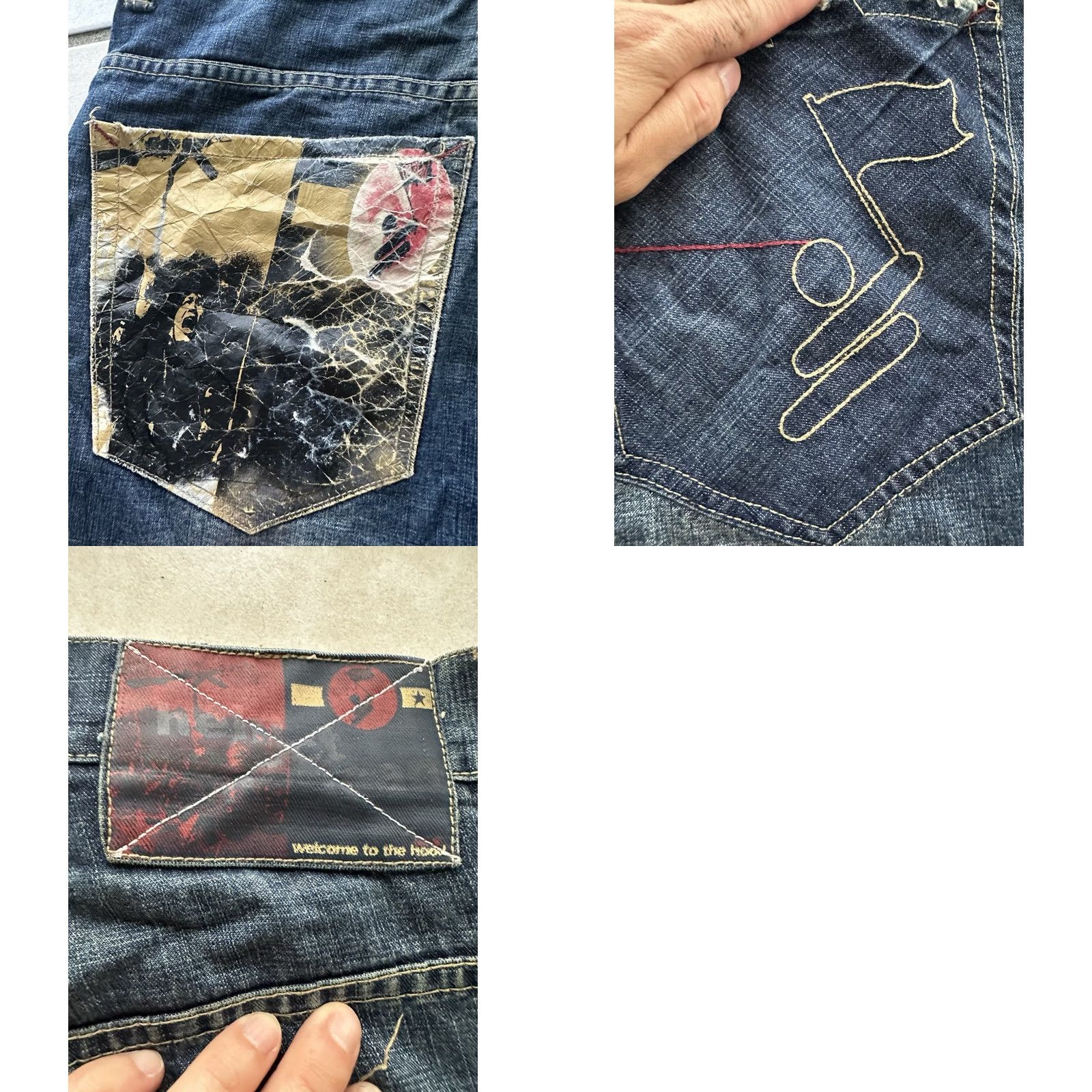 Denime VINTAGE ARME Welcome to the Hood Denim Shorts Graphics Mens 36 Baggy 90s Hip Hop Adjustable Inseam 13" Distressed Capas? Size US 36 / EU 52 - 9 Thumbnail