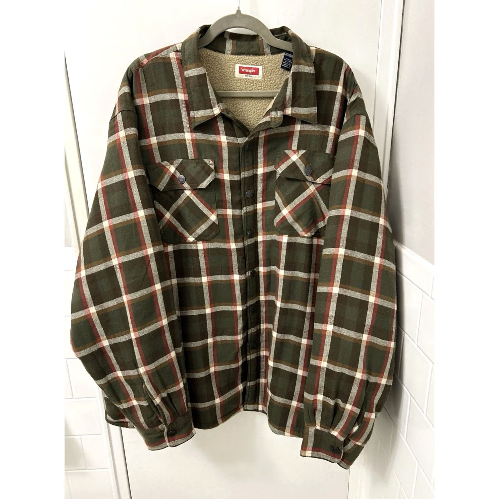 Wrangler VINTAGE Wrangler Shirt Jacket Mens 2XL Olive Green Sherpa Lined Flannel Plaid Shacket Size US XXL / EU 58 / 5 - 2 Thumbnail