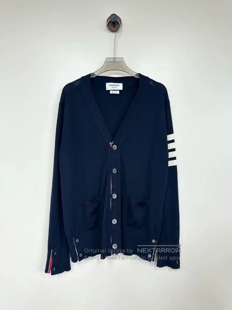 Thom Browne Dark Blue Classic Four-Stripe Knit Open-Cardig