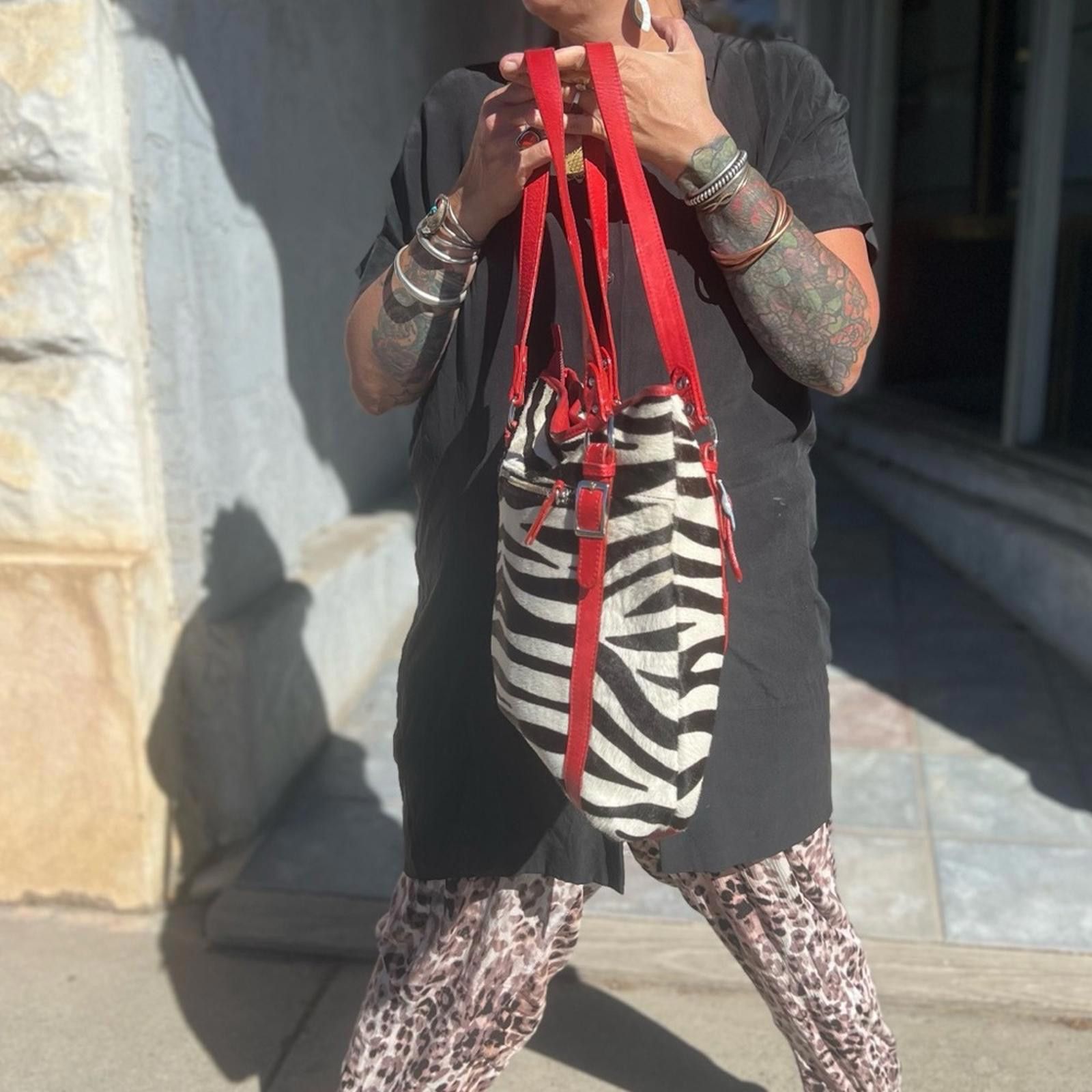 Valentino Valentina Zebra Print Calf Fur w/Red Leather Straps Bag Size ONE SIZE - 7 Thumbnail