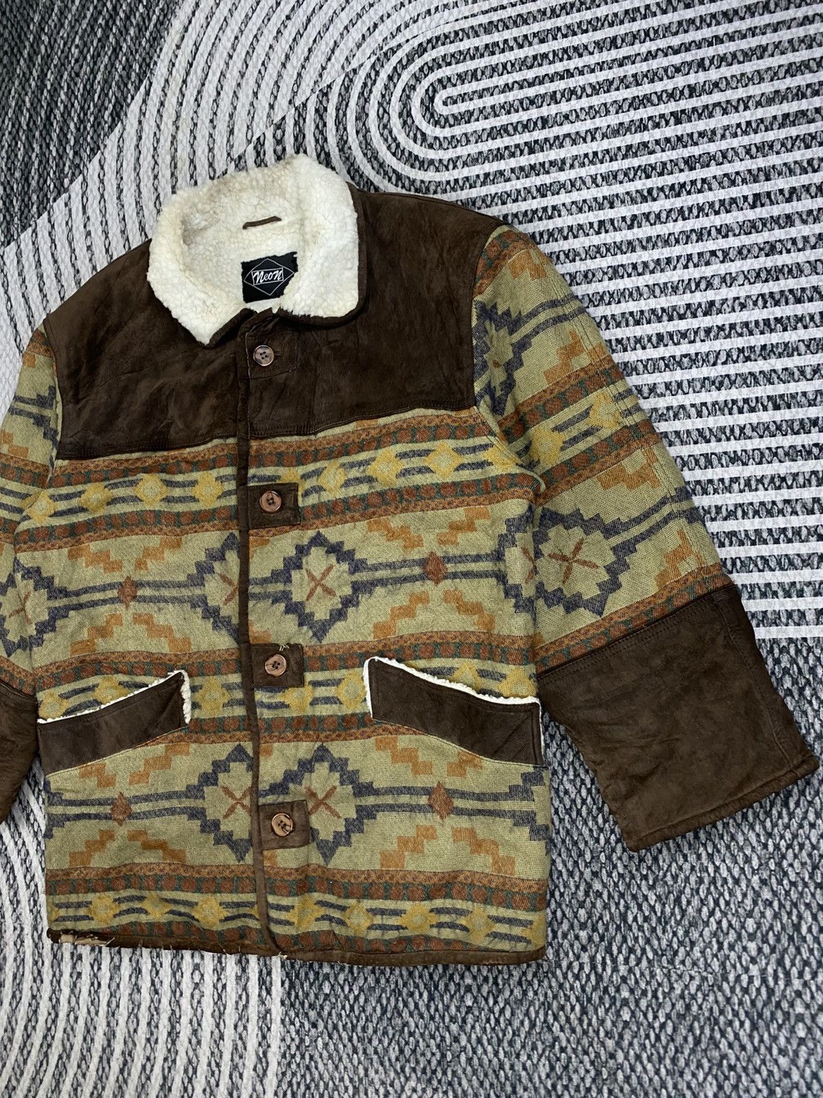 Vintage 🔥Vintage Neon Half Leather Navajo Wool Sherpa Lined Jacket Size US L / EU 52-54 / 3 - 4 Thumbnail