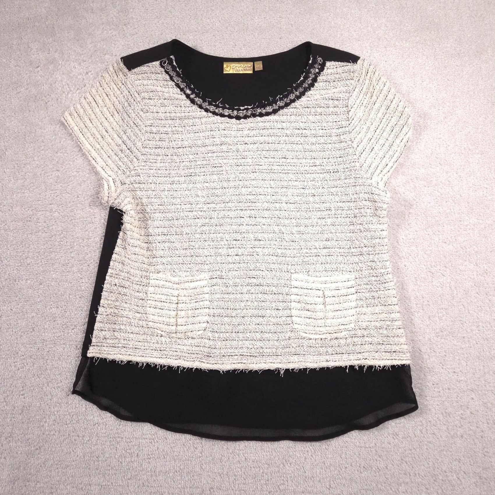 Vintage Princess Vera Wang Shirt Juniors XL Black Tweed Stripe Beaded Short Sleeve Top Size XL / US 12-14 / IT 48-50 - 2 Thumbnail