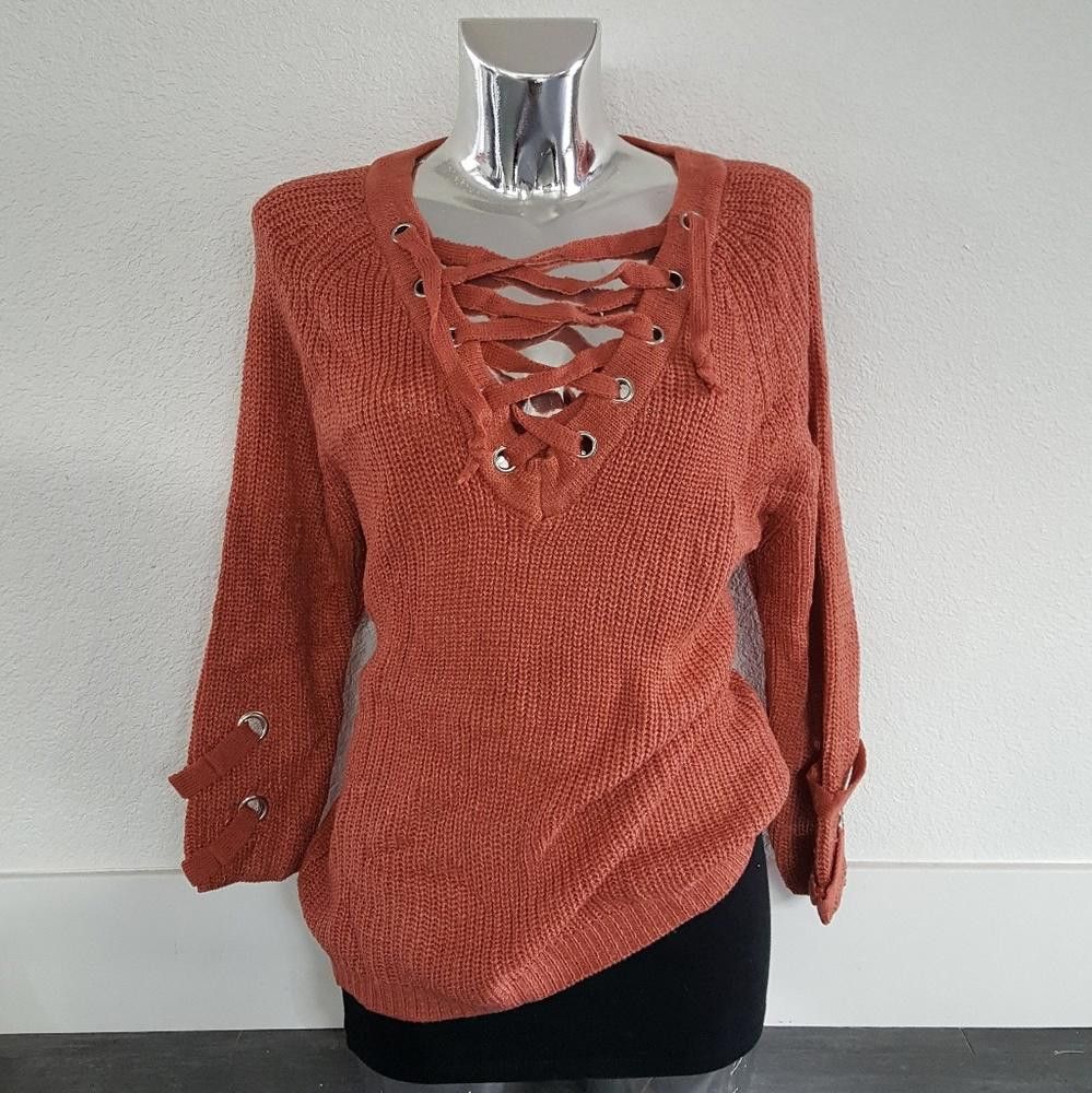 Designer Rust Laced Up Sweater Long Sleeve Size ONE SIZE - 1 Thumbnail