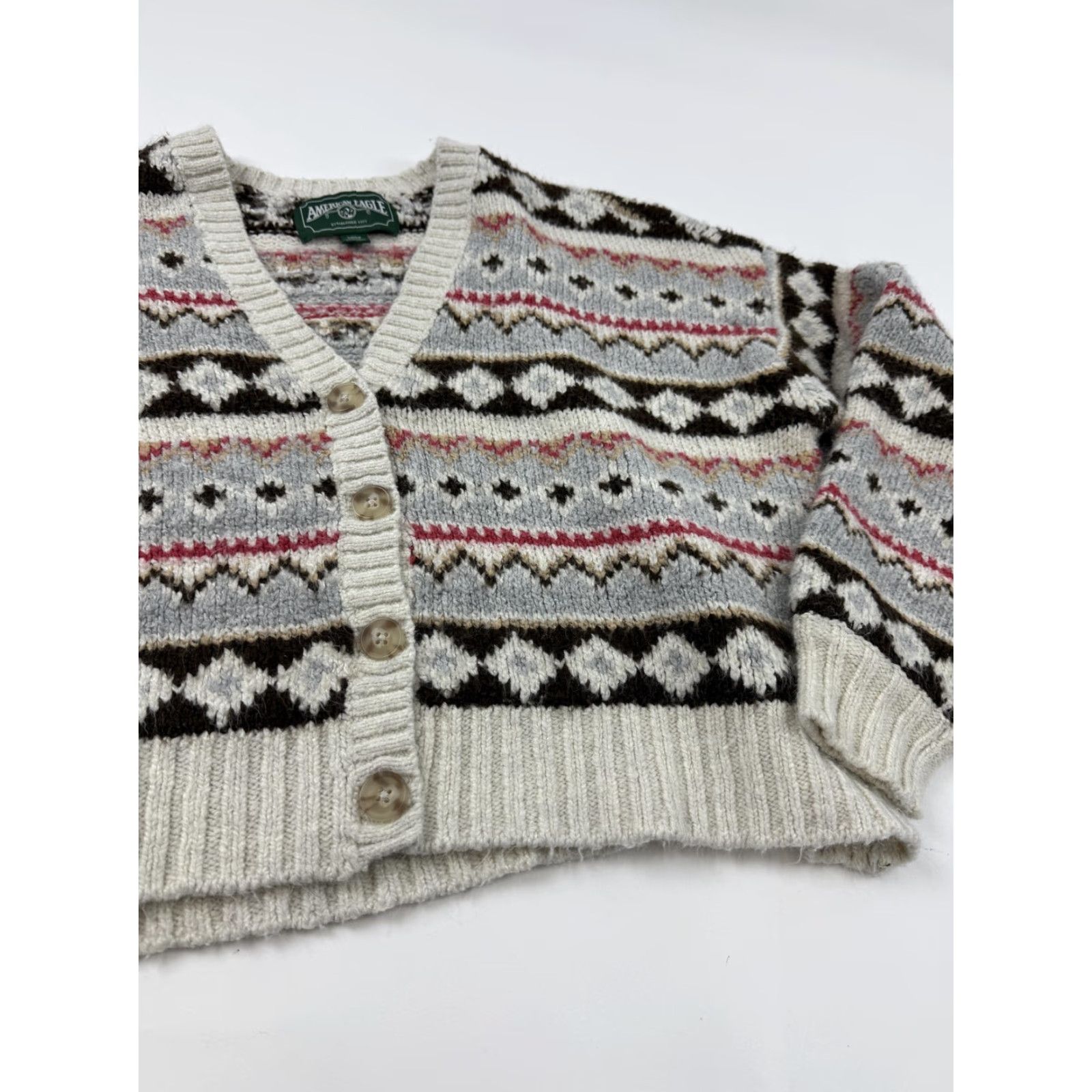 American Eagle Outfitters American Eagle Outfitters Cardigan Sweater Womens Small Gray Fair Isle Cropped V-Neck Knit Size S / US 4 / IT 40 - 3 Thumbnail