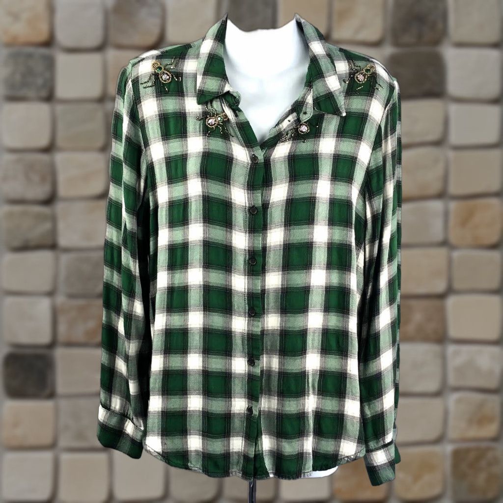H&M VINTAGE H&M Flannel Shirt 12 Green Plaid Bead Spider Grunge Gothic Hippie Boyfriend Button-Up Women Size XL / US 12-14 / IT 48-50 - 1 Thumbnail
