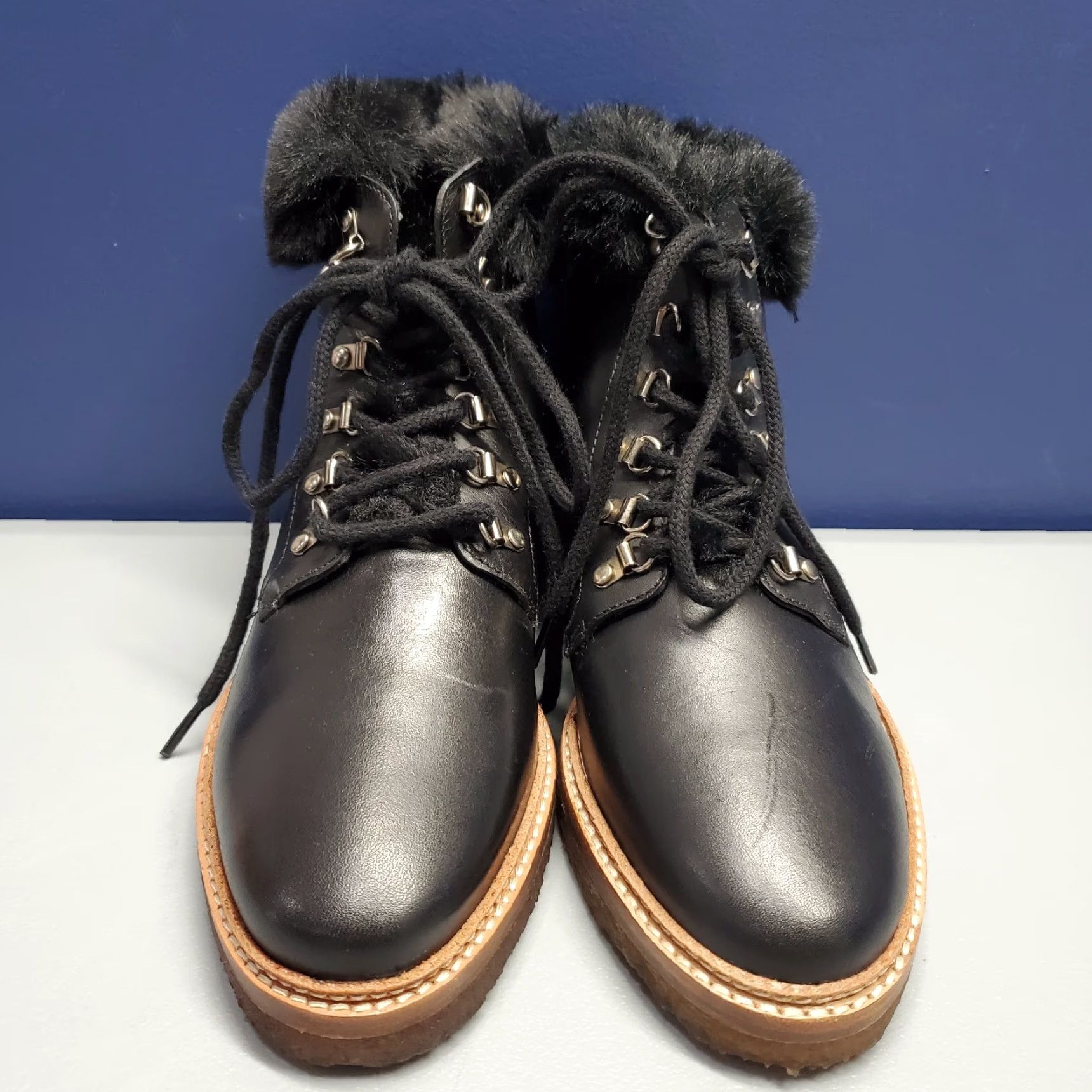 Vintage Botkier Winter Boots Womens Size 7.5 Black Leather Faux Fur Trim Gum Sole Lace Up Boots Size US 8 / IT 38 - 2 Thumbnail