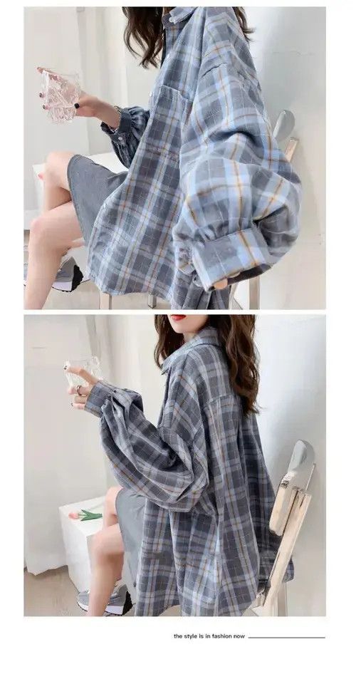 Japanese Brand Fashion Plaid Button Up Shirt Women Spring Size ONE SIZE - 4 Thumbnail