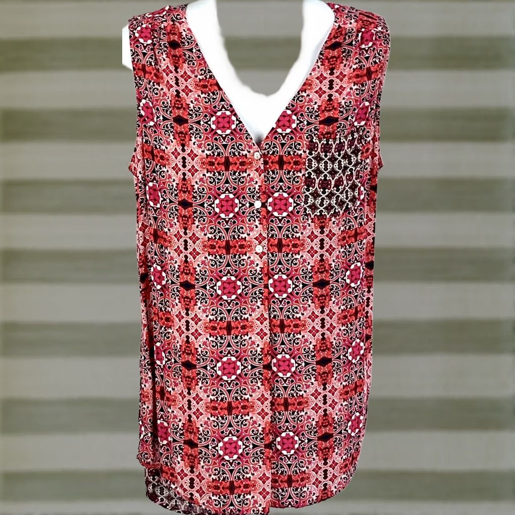 Pinko Como sleeveless Blouse XL Pink Orange Psychedelic 1/2 Button Hippie V-Neck Women Size XL / US 12-14 / IT 48-50 - 1 Thumbnail