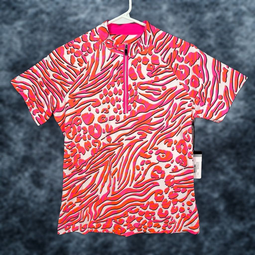 Vintage Tail Athletic Top Shirt Women Small Pink Orange Animal Print 1/4 Zip UPF 50+ Short Sleeve Summer Spring Fall Activewear Size S / US 4 / IT 40 - 1 Thumbnail
