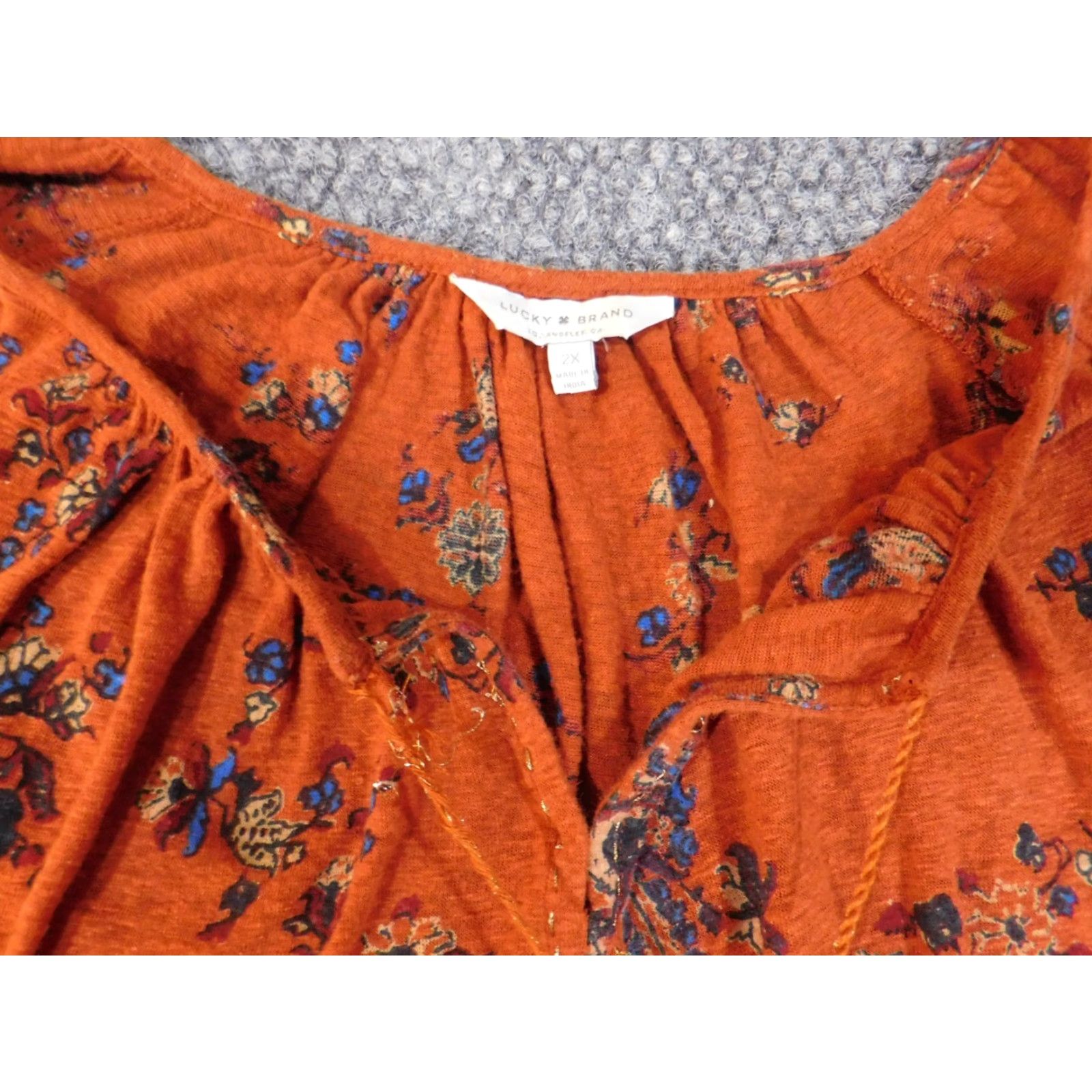 Lucky Brand Lucky Brand Blouse Shirt 2X Womens Orange Geometric Linen Modal V-Neck Pullover Long Sleeve Everyday Casual Plus Size Stretch Classic Modern Size XXL / US 16-18 / IT 52-54 - 6 Thumbnail