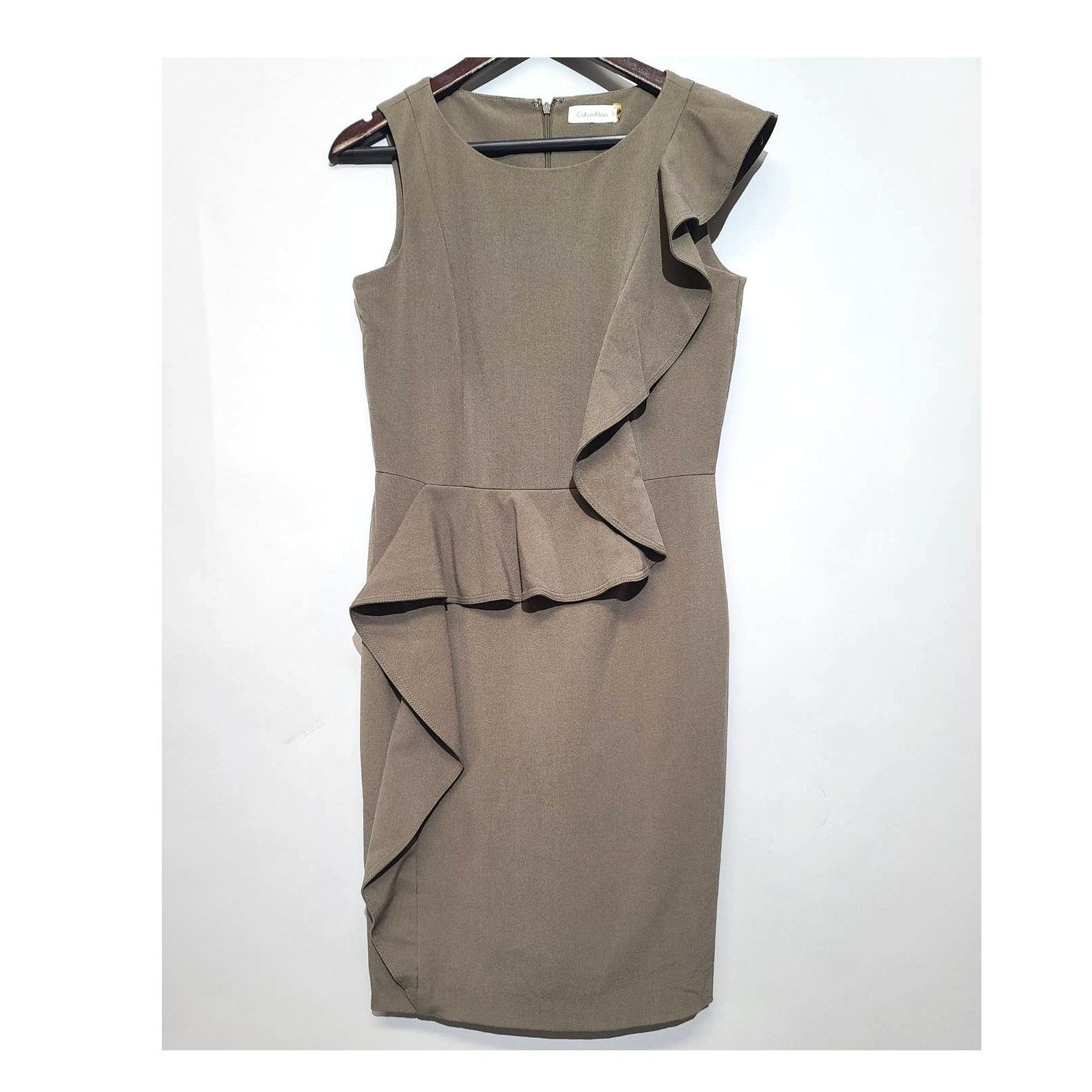 Calvin Klein Calvin Klein Ruffle Sheath Dress Size 6 Olive Green | Grailed