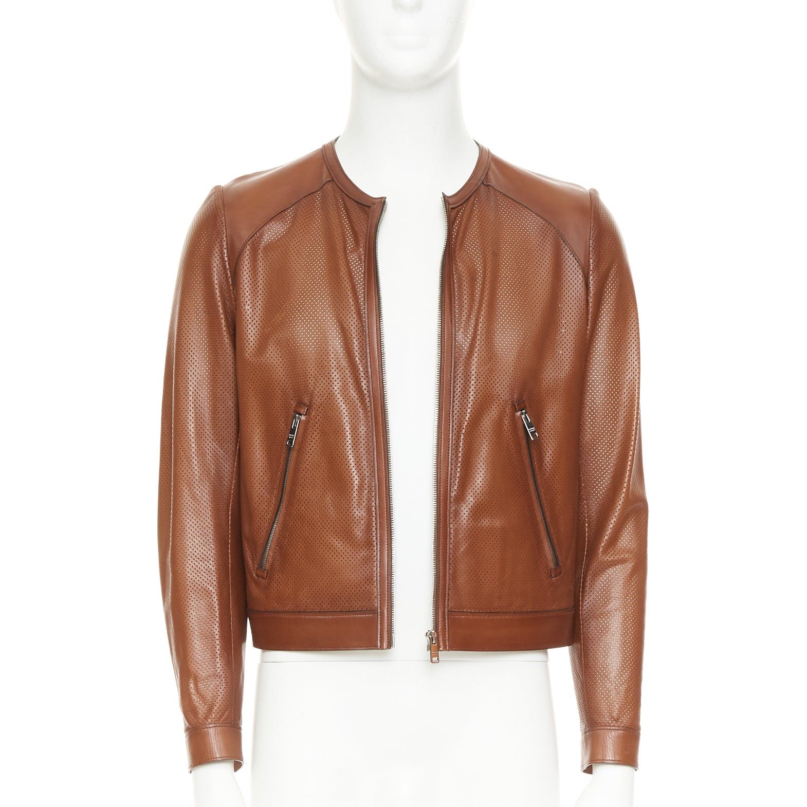 Prada PRADA 2013 brown perforated lambskin leather full zip collarless bomber jacket IT46 S Size US S / EU 44-46 / 1 - 1 Thumbnail