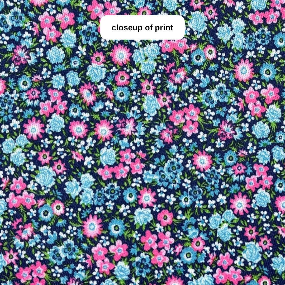 1960s Blue & Pink Ditsy Floral Long Sleeve Belted Midi Dress Midi Dresses