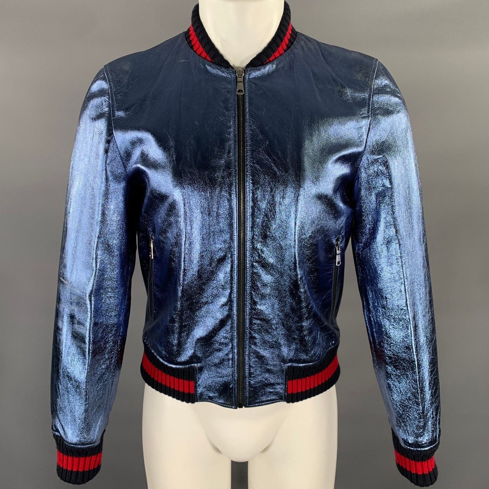 Gucci GUCCI Size 36 Blue Metallic Stripe Leather Bomber Jacket Size L / US 10 / IT 46 - 1 Thumbnail