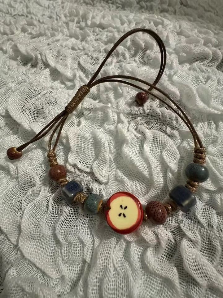 Jewelry Handmade Apple Ceramic Bracelet Adjustable Woven Cord Size ONE SIZE - 3 Thumbnail