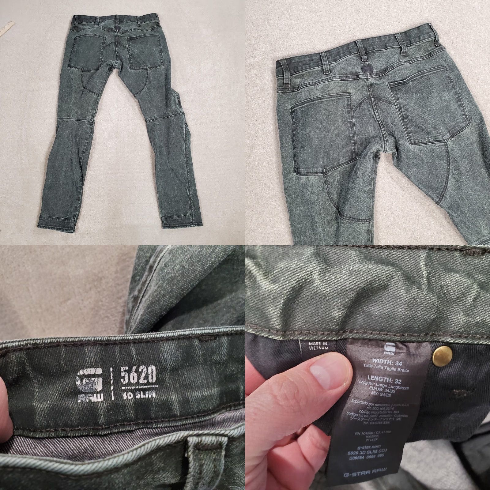 G-Star Mens G Star Raw Jeans 33x30 Green Slim Straight Leg Denim Waxed Cotton Blend Solid 3D Logo Pockets Stretch Regular Size US 33 - 8 Thumbnail