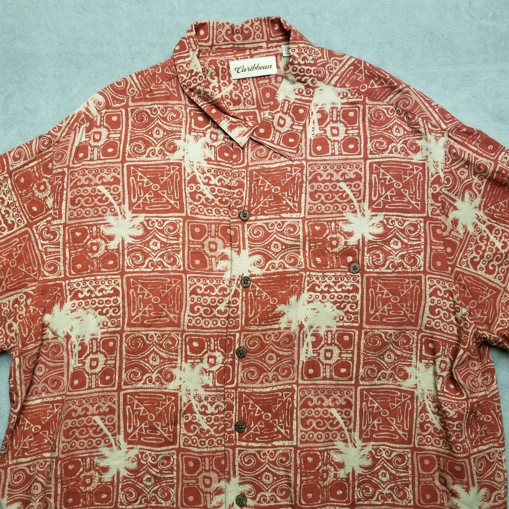 Vintage Caribbean Shirt Mens XL Red Beige Hawaiian 100% Rayon Travel Outdoor Button-Up Short Sleeve Collared Viscose Casual USA Size US XL / EU 56 / 4 - 2 Thumbnail