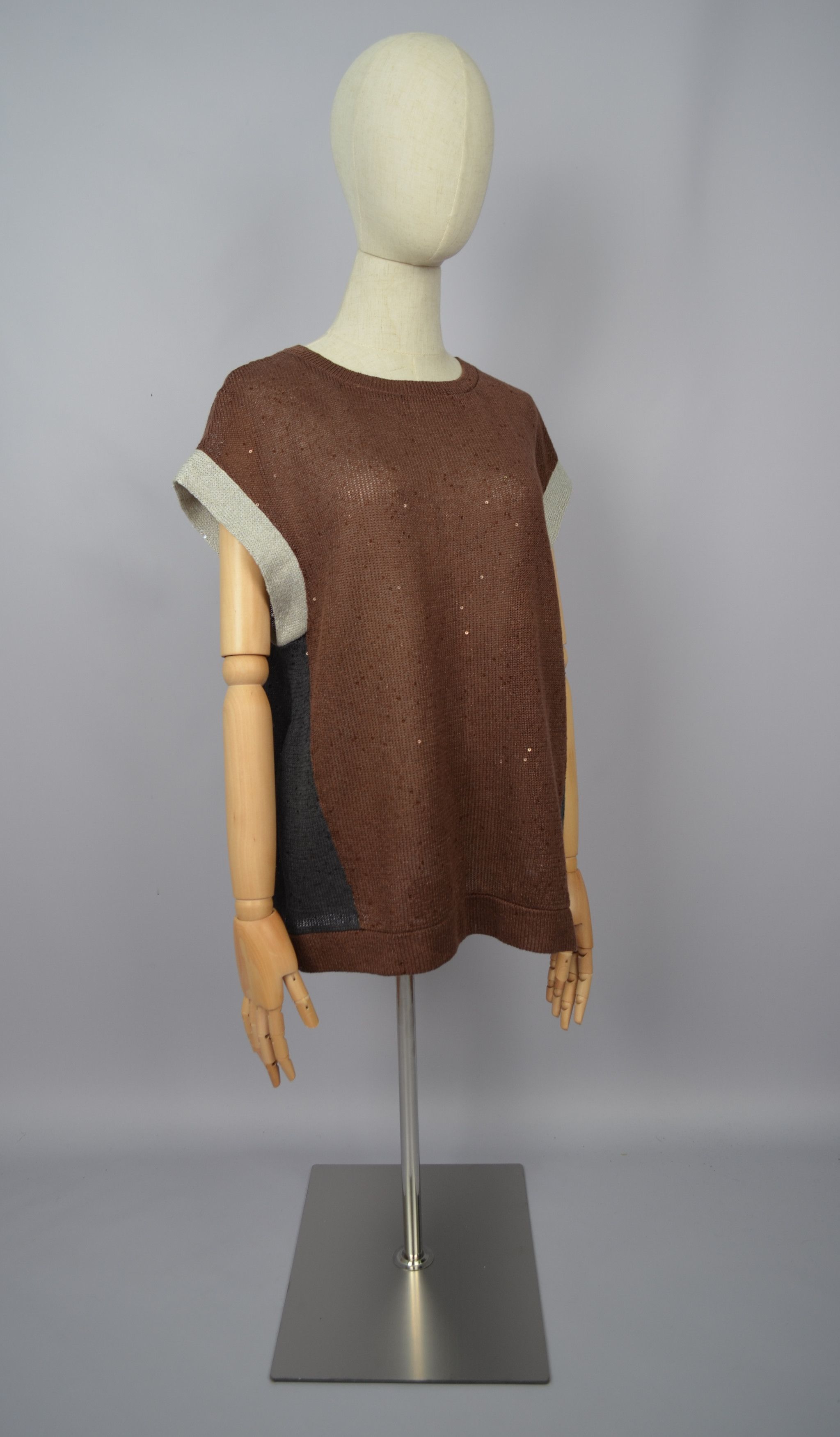 Brunello Cucinelli × Designer Brunello Cucinelli Sequin Linen\Silk Brown Grey Sleeveless Size XXL / US 16-18 / IT 52-54 - 14 Thumbnail
