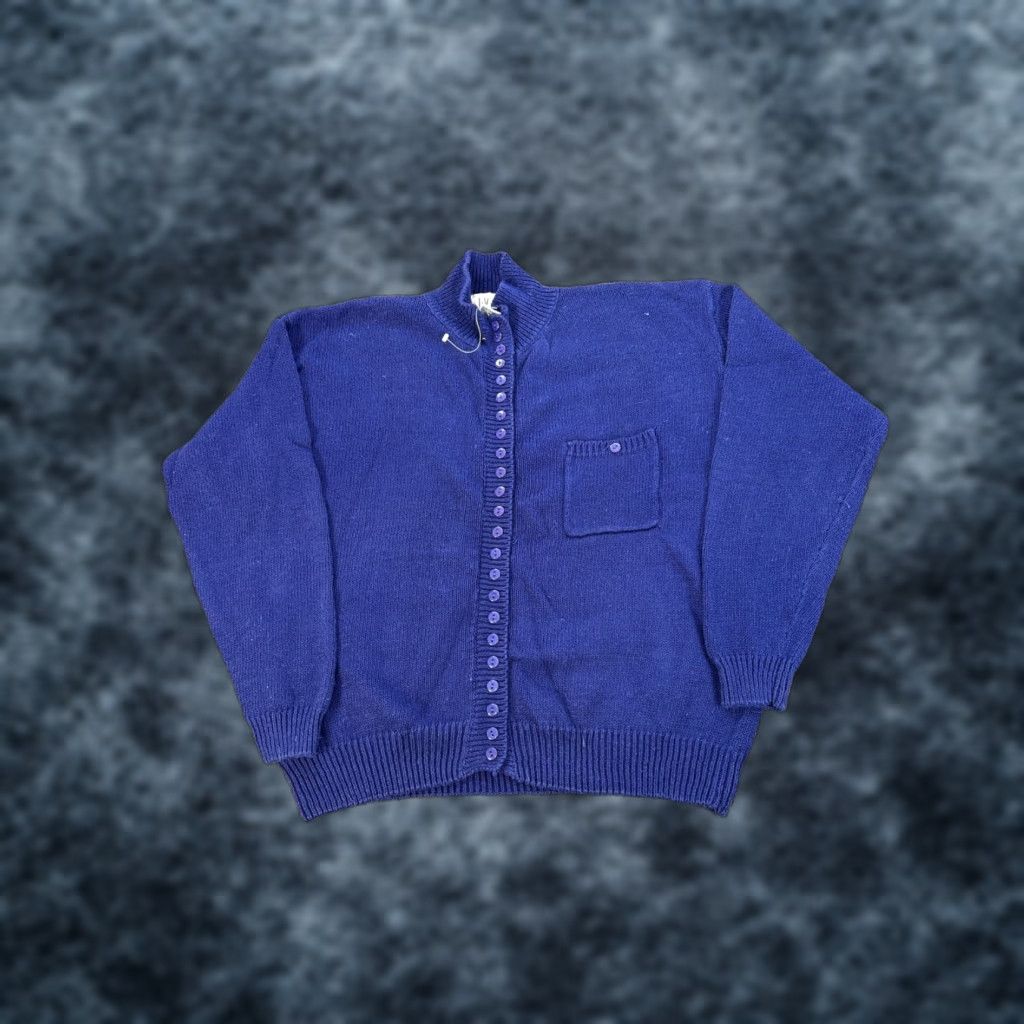 Vintage VINTAGE Ivy Sweater Womens Medium Chunky-Knit Navy Blue Mock Neck Button Pocket 90s Pullover Size M / US 6-8 / IT 42-44 - 1 Thumbnail