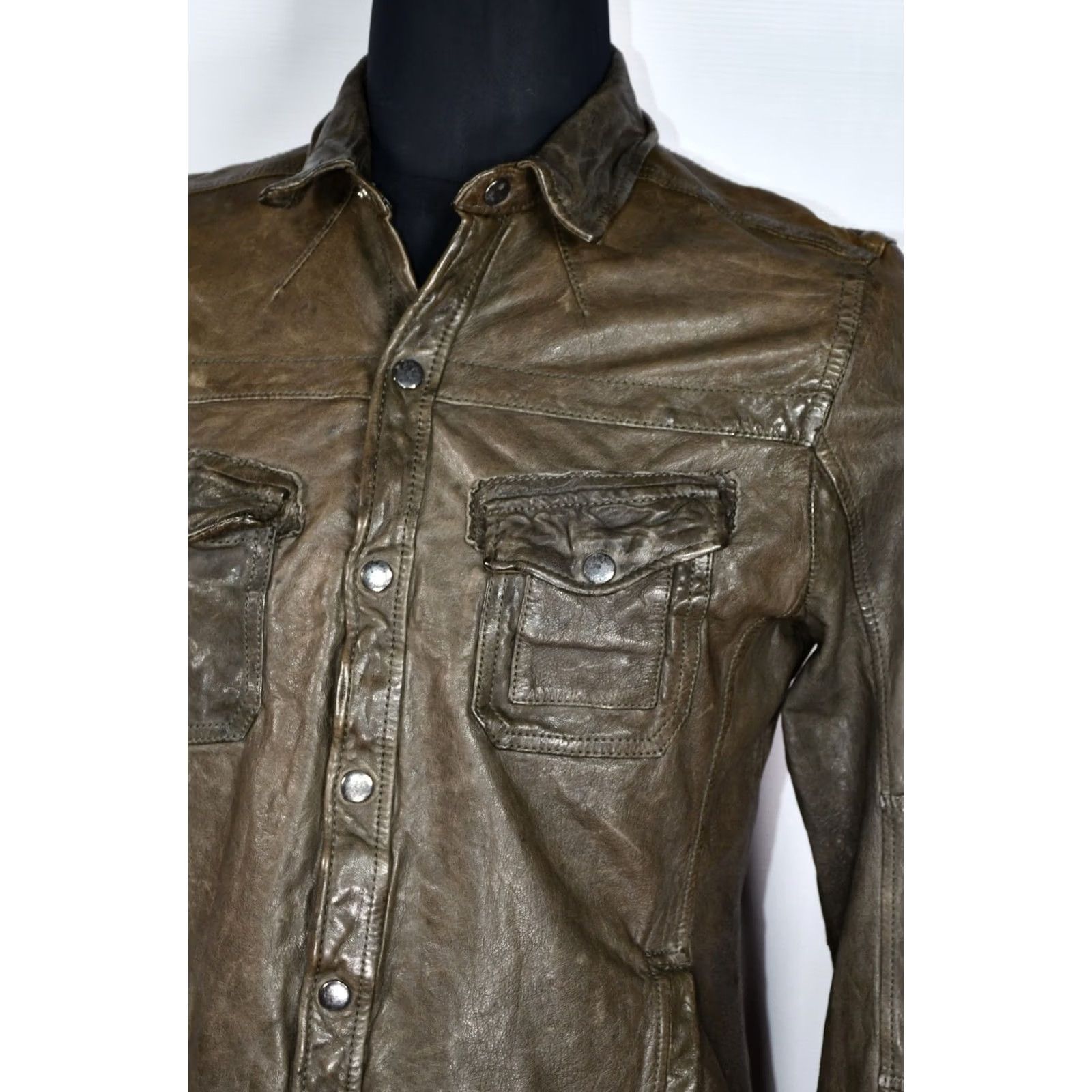Allsaints All Saints Emery Shirt Jacket Men M Leather Brown/Green Biker Vintage No Size US M / EU 48-50 / 2 - 5 Thumbnail