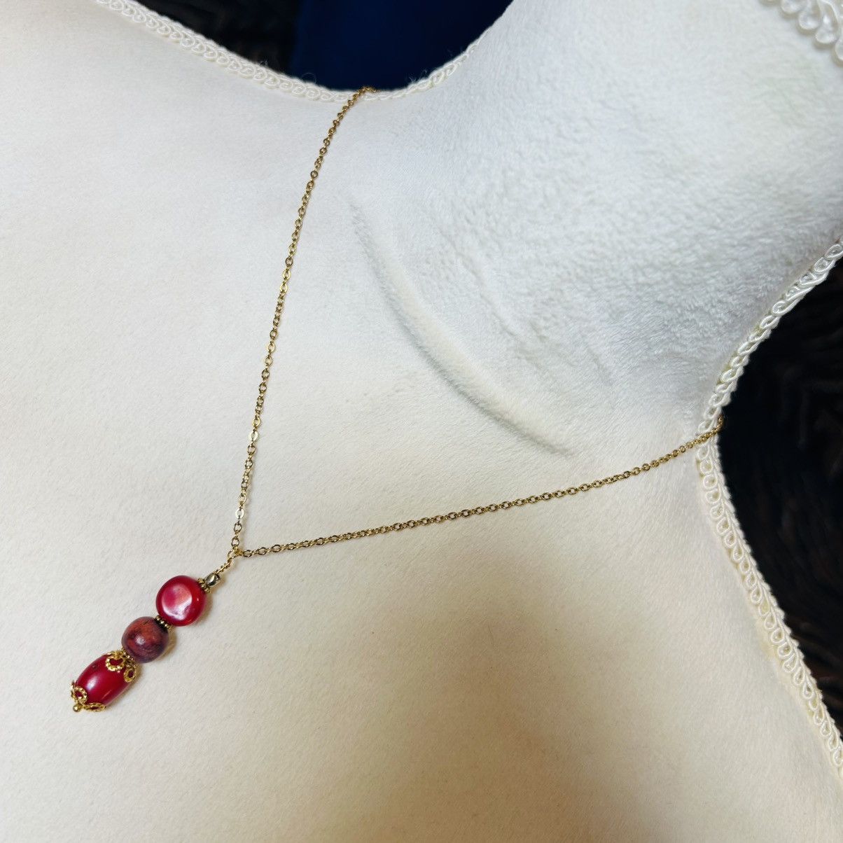 Handmade Handcrafted vintage bead red coral wood drop necklace Size ONE SIZE - 1 Thumbnail