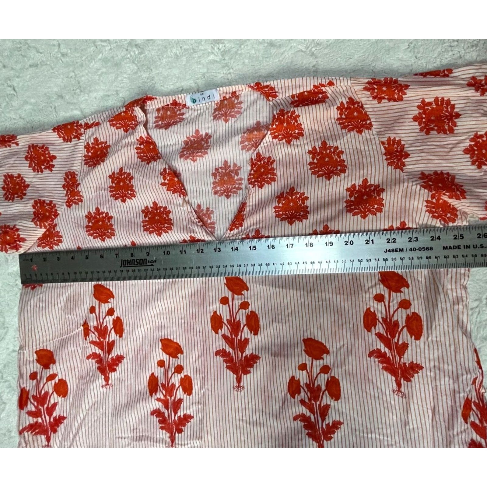 Vintage Bindu Bindi Womens Split Neck 3/4 Sleeve Striped Floral Oversized Shirt White Red Large Size L / US 10 / IT 46 - 4 Thumbnail