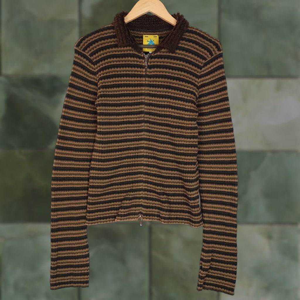 UNIF VINTAGE UNIF Sweater Cardigan Womens XL Brown Striped Collared Zip Stretch 90s Grunge Size XL / US 12-14 / IT 48-50 - 1 Thumbnail