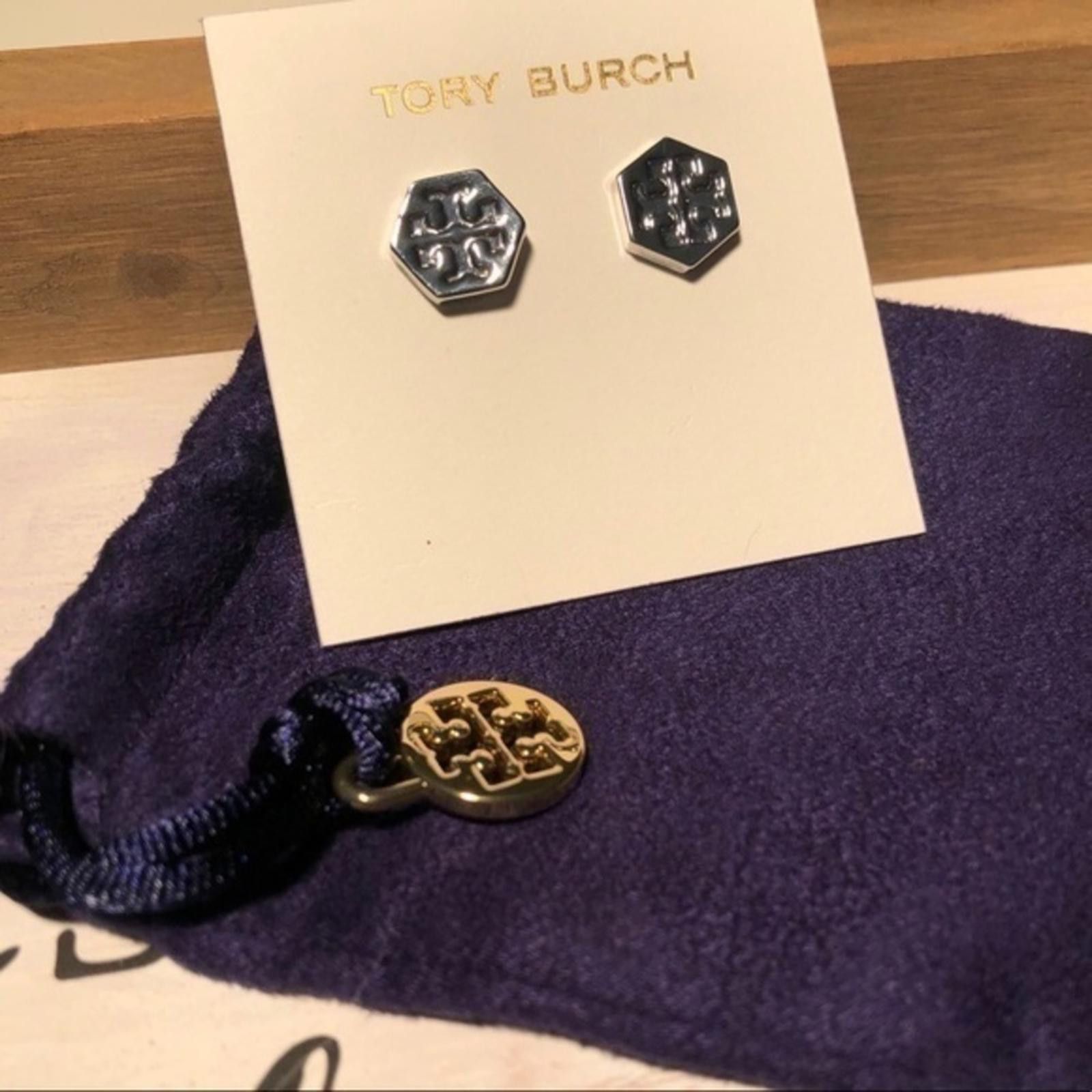 Designer Tory Burch Hexagon Stud Earrings - Elegant Silver Design Size ONE SIZE - 3 Thumbnail
