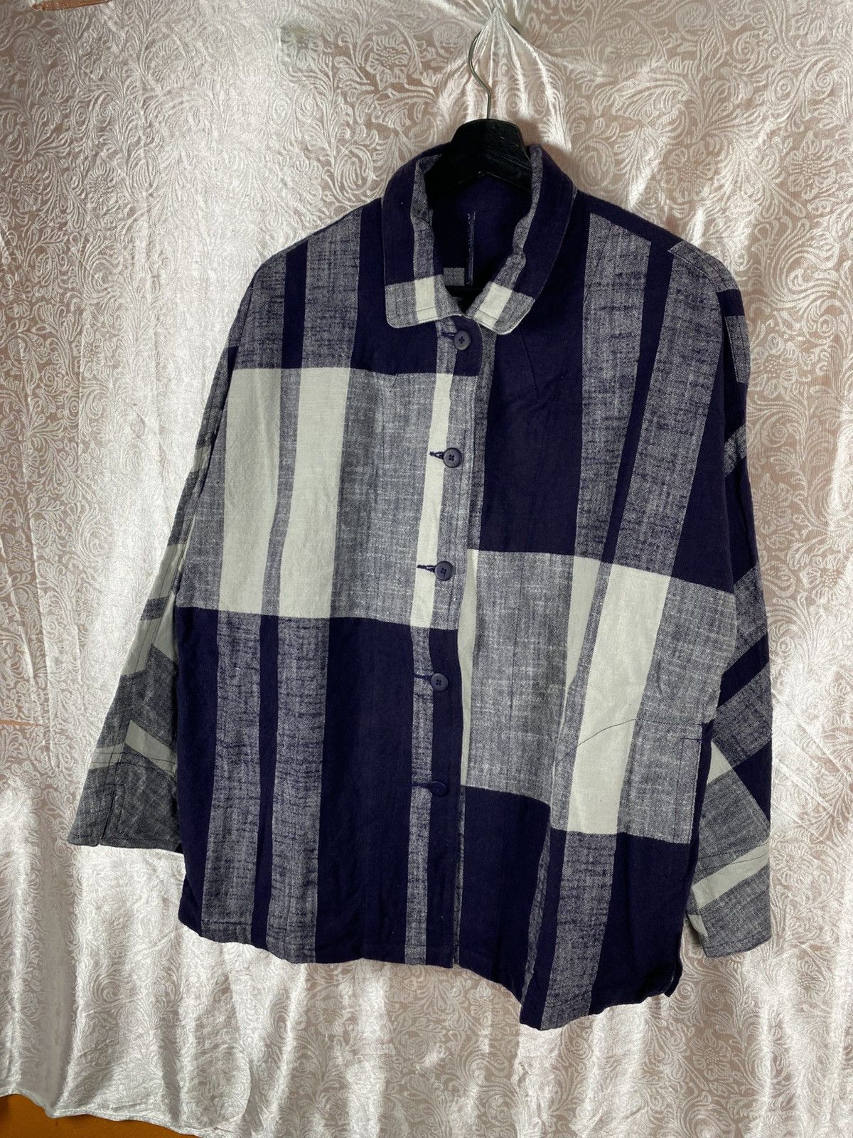 Japanese Brand Japan Soft Co. Ltd Oversized Check Shirt Navy Grey Boxy Size L / US 10 / IT 46 - 4 Thumbnail