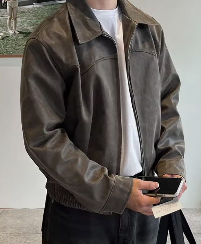 Lightweight Distressed Washed Brown Pu Leather Jacket