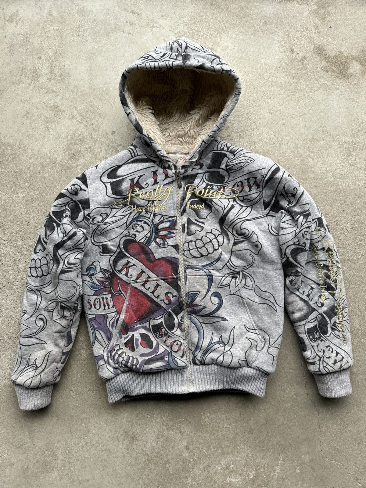 image of Christian Audigier x Ed Hardy Really Point Drip Zip Hoodie in Grey, Men's (Size XS)