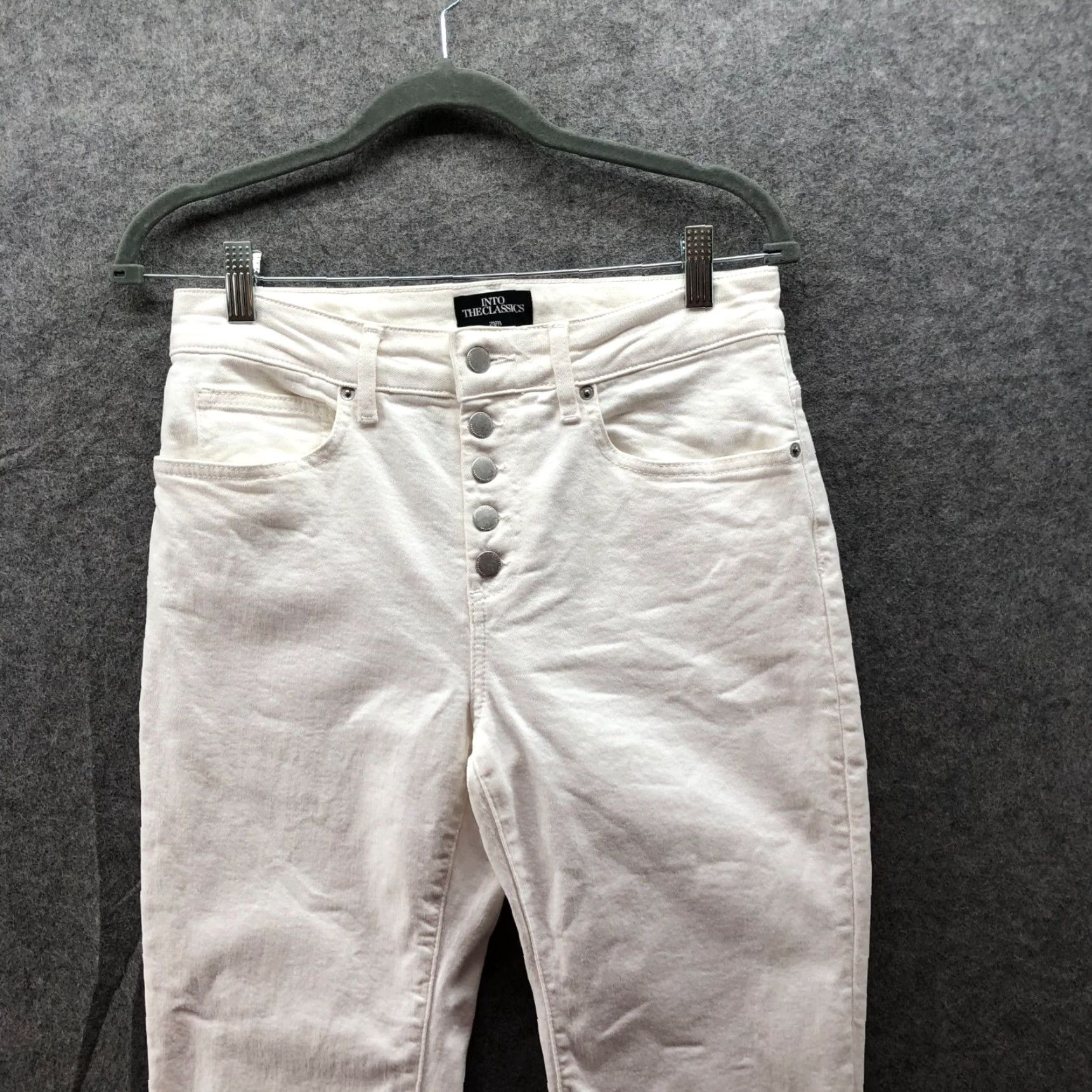 Zara Zara Jeans Womens 6 Kick Flare Crop White Button Fly Stretch Mid Rise Cropped 5-Pocket Denim Oxford Cotton Size 28" / US 6 / IT 42 - 3 Thumbnail