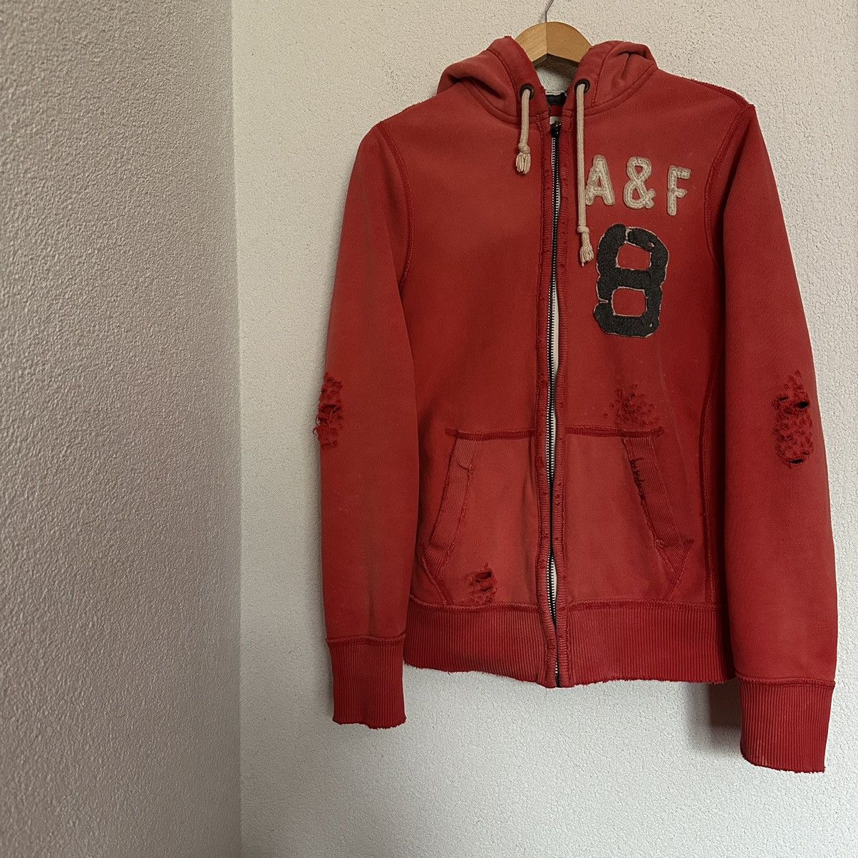 image of Abercrombie Fitch x Vintage Abercrombie & Fitch Distressed Zip Up Hoodie in Red, Men's (Size Small)