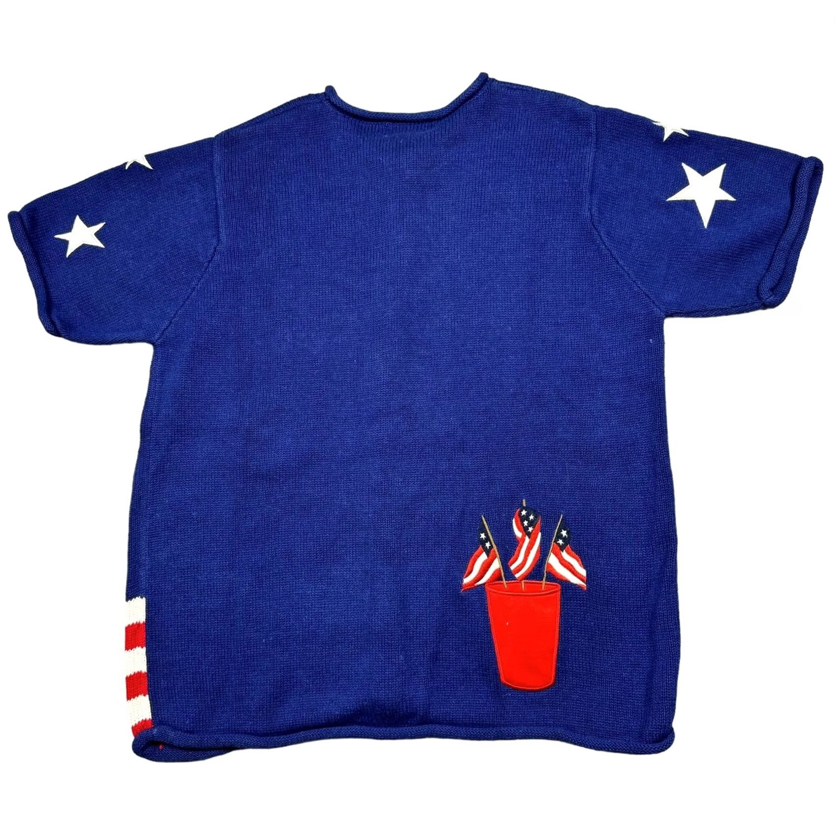 Quacker Factory USA Sweater Vintage Men's L Knit Embroidered Stars Stripes Short Sleeve 4th July Cardigan Cotton Blend Regular Sailor Blue 90s Patriotic Mens Size US L / EU 52-54 / 3 - 5 Thumbnail