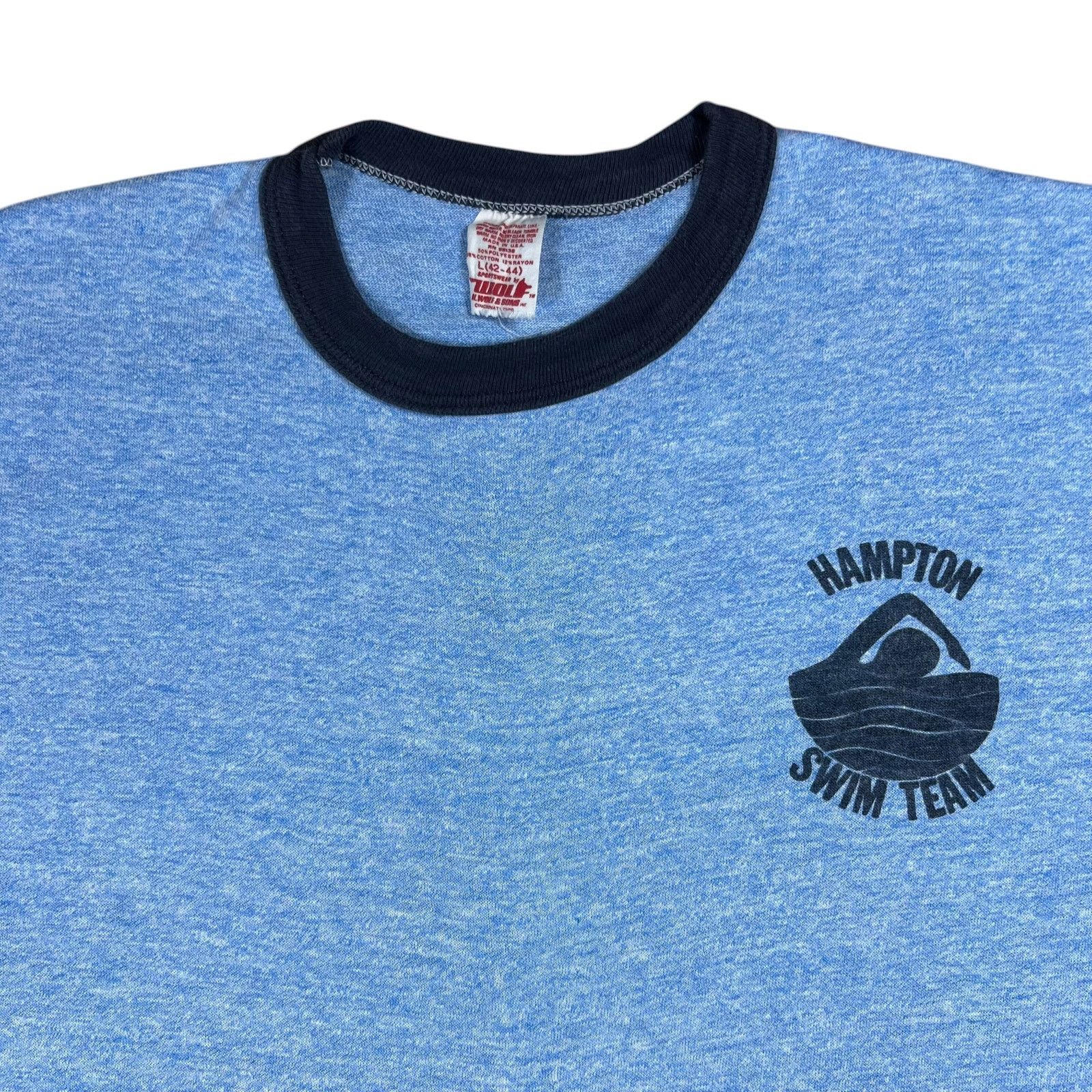 Vintage 1970s Hampton Swim Team Heather blue rayon blend ringer tee Size US M / EU 48-50 / 2 - 2 Thumbnail