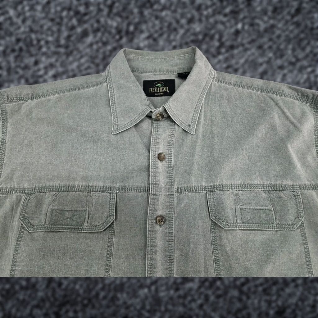Vintage Redhead Button-Up Shirt Green XL Short Sleeve Cotton Collared Casual, Travel, Workwear, All Seasons, Pockets, Regular Fit, White Space Size US XL / EU 56 / 4 - 1 Thumbnail