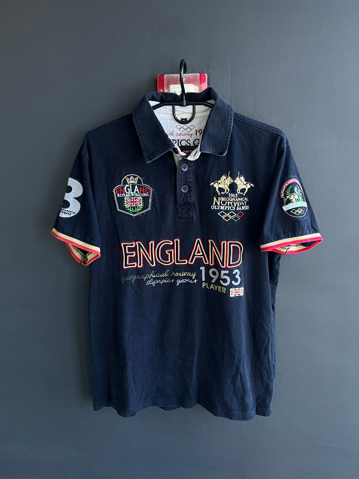 Pre-owned Polo Ralph Lauren X Vintage Geographical Norway England 3 Olympics Games Polo Tee Japan In Navy Blue