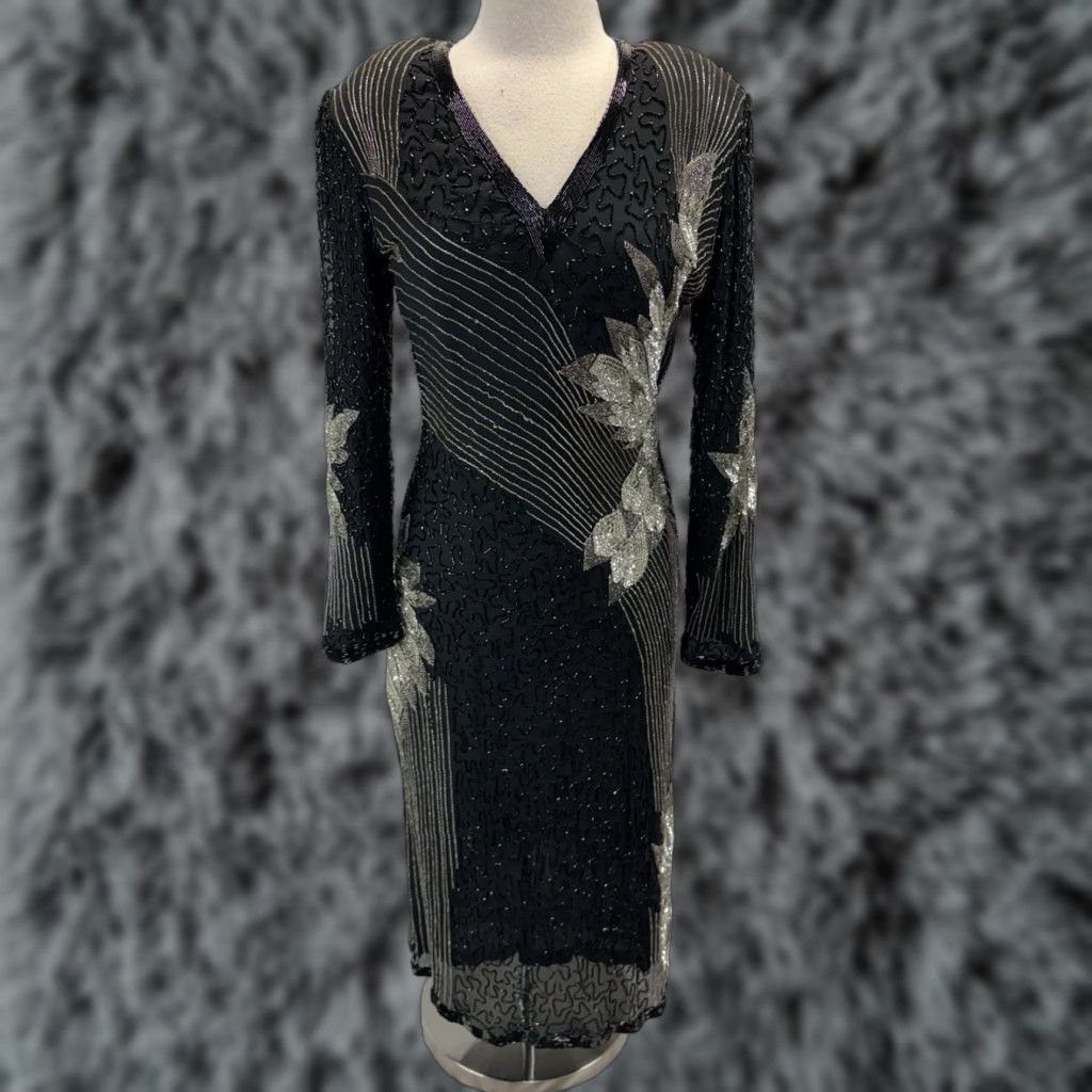 Vintage VINTAGE Mejere Beaded Midi Dress Women’s L Black Silver Elegant Formal READ 80s Silk Nightwear Eveningwear Size L / US 10 / IT 46 - 1 Thumbnail