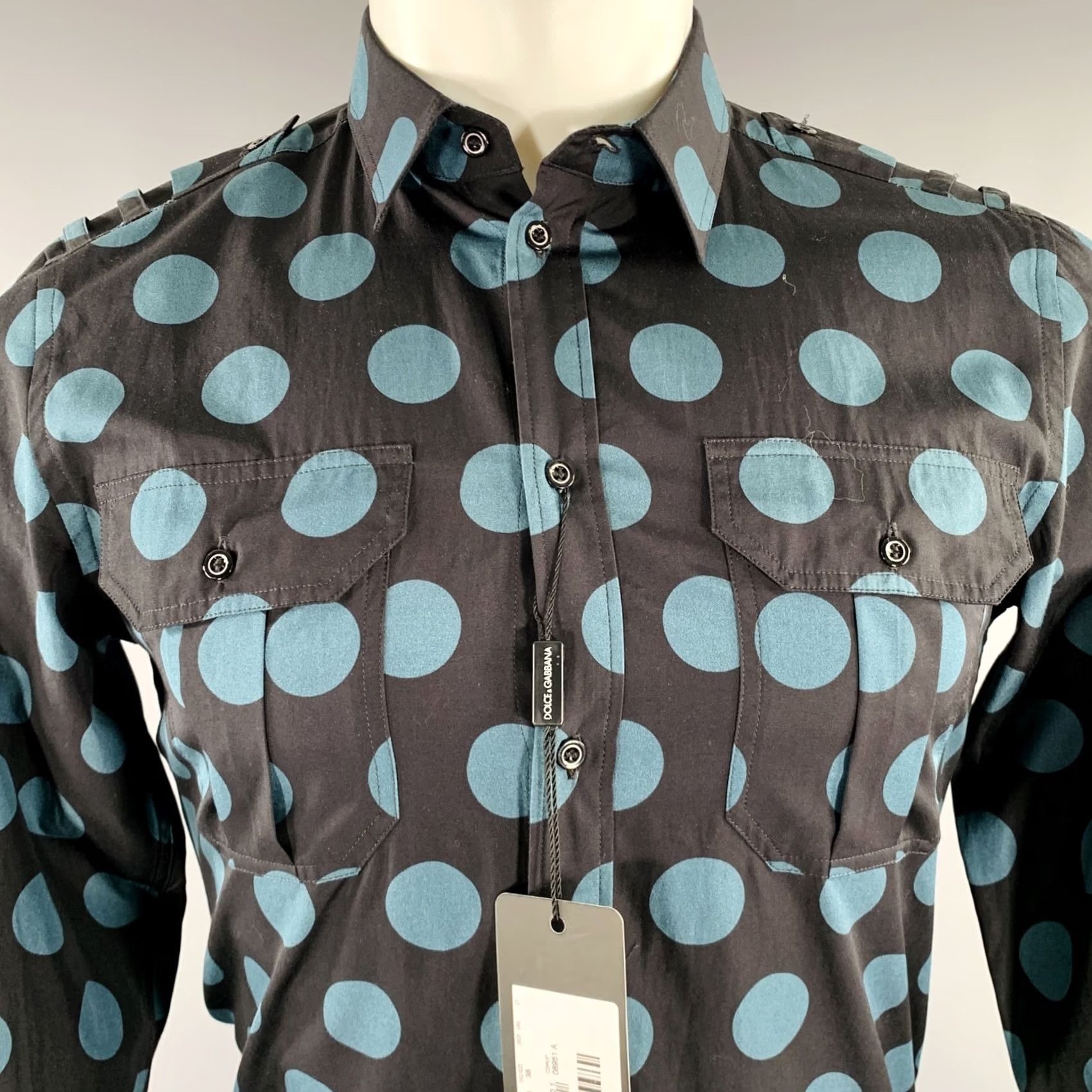 Dolce & Gabbana DOLCE & GABBANA Shirt Black Blue Dots Epaulettes Cotton Long Sleeve 38 Mens Size US M / EU 48-50 / 2 - 2 Thumbnail
