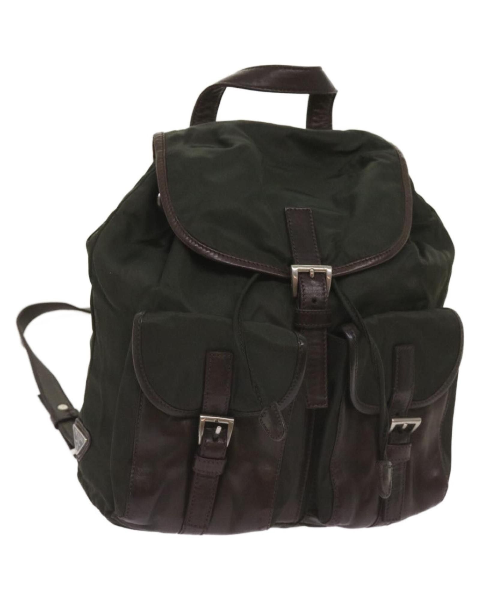 image of Prada Versatile And Sleek Nylon Backpack With Leather Finishes in Khaki, Women's